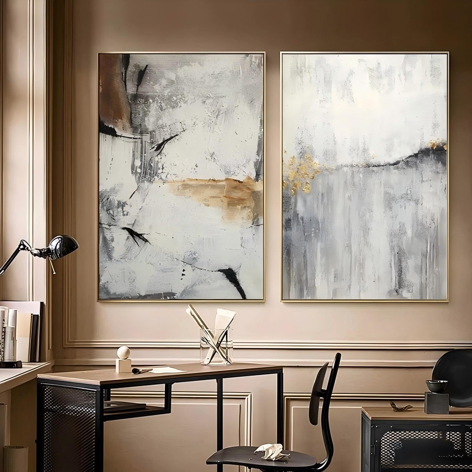 Tableau abstrait ligne d'or et marbre gris 30x45cm affiche salon - 8