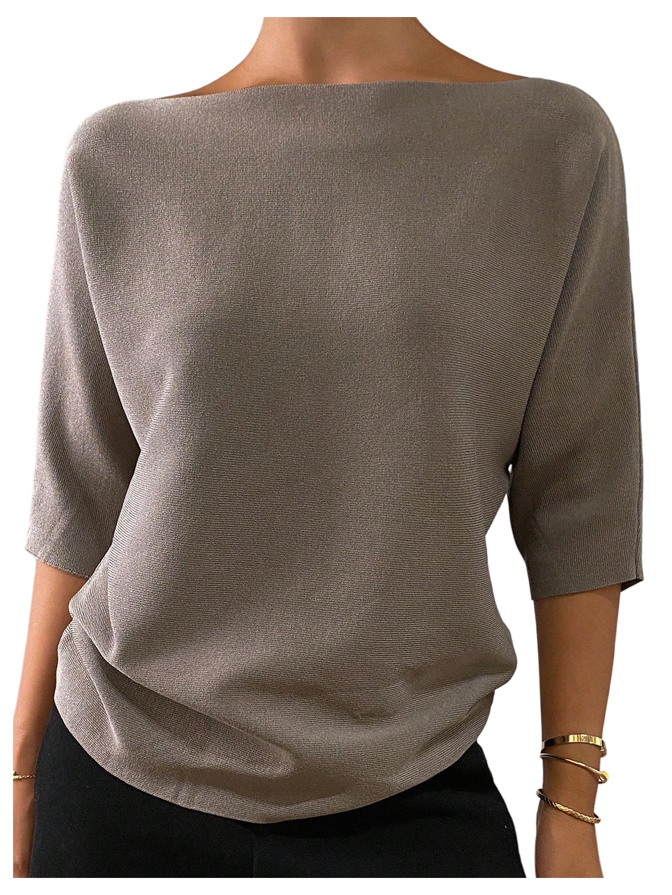 SOLY HUX Womens Sweater Boat Neck Half Sleeve Knit Pullover Tops Elegant Business Casual Outfit
