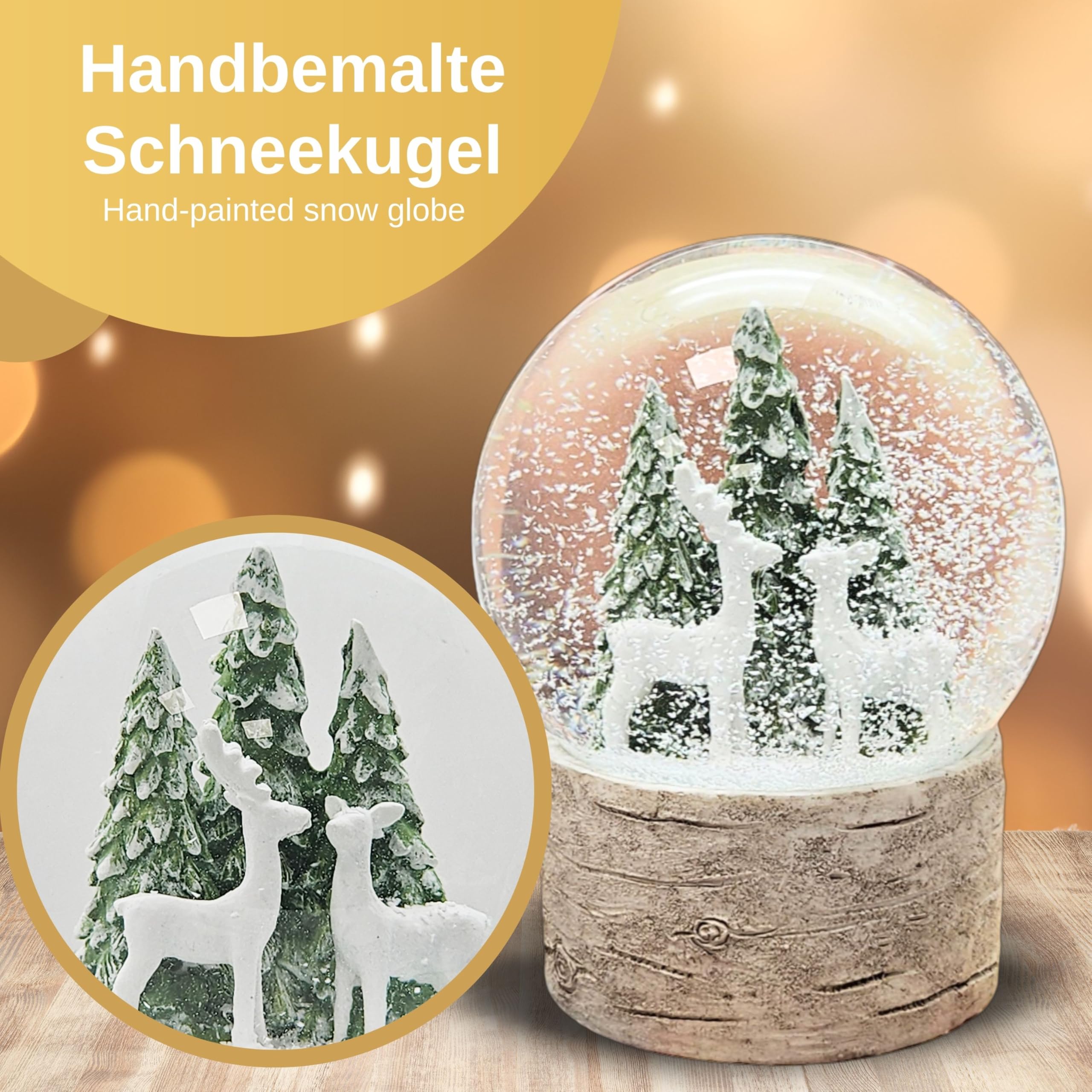 Boule à neige de Noël | Magie de chalet Deux cerfs Sapin de Noël | Socle aspect bois | Hauteur : 12 cm Largeur : 10 cm | 20295 (2 cerfs socle bois)