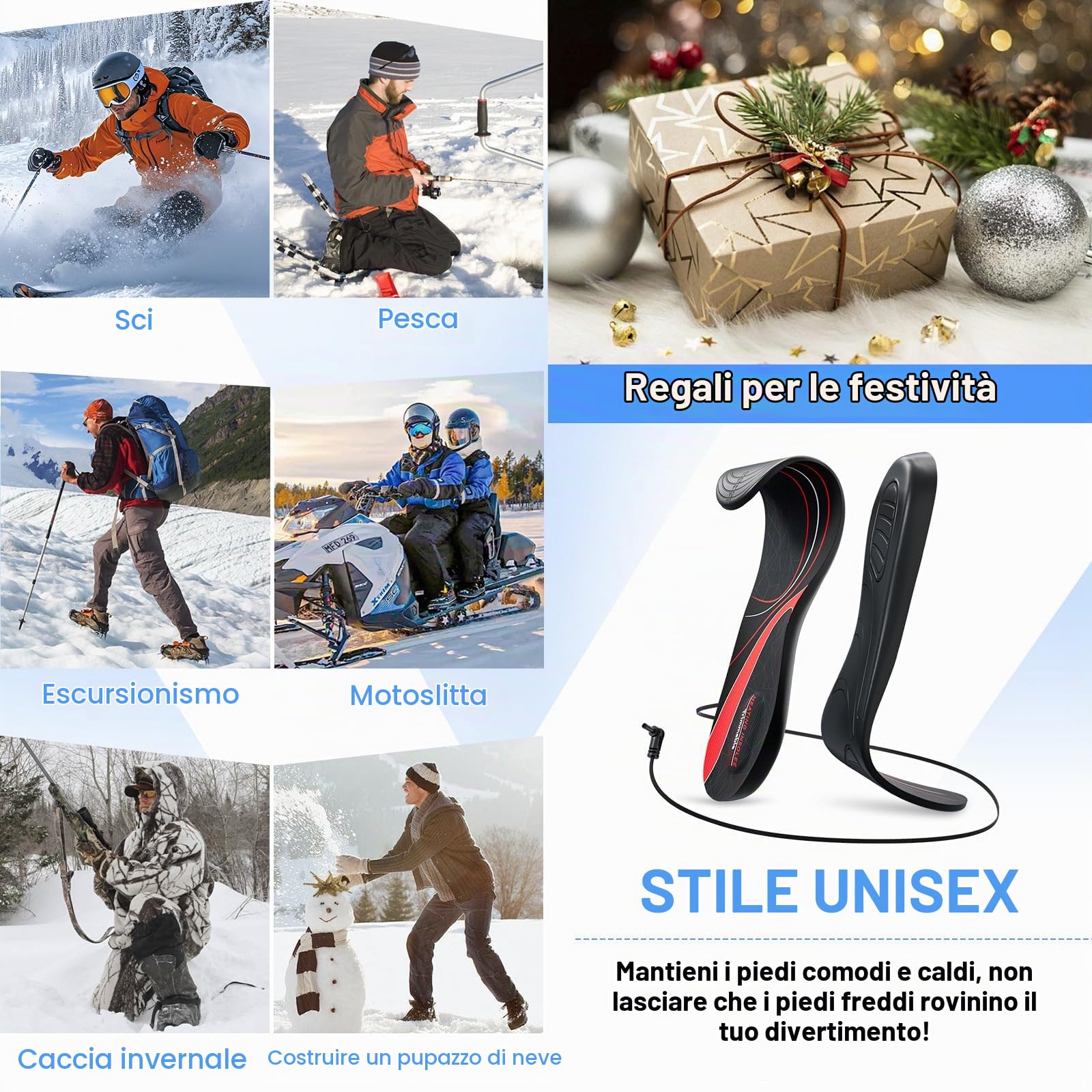 Solette Riscaldanti, 7.4V Solette Riscaldanti Piedi, Scaldapiedi con 3 Temperature, Solette Termiche, Riscaldamento del ginocchio, Scaldapiedi Elettrico per Sport, Sci, Campeggio, Ciclismo(L)