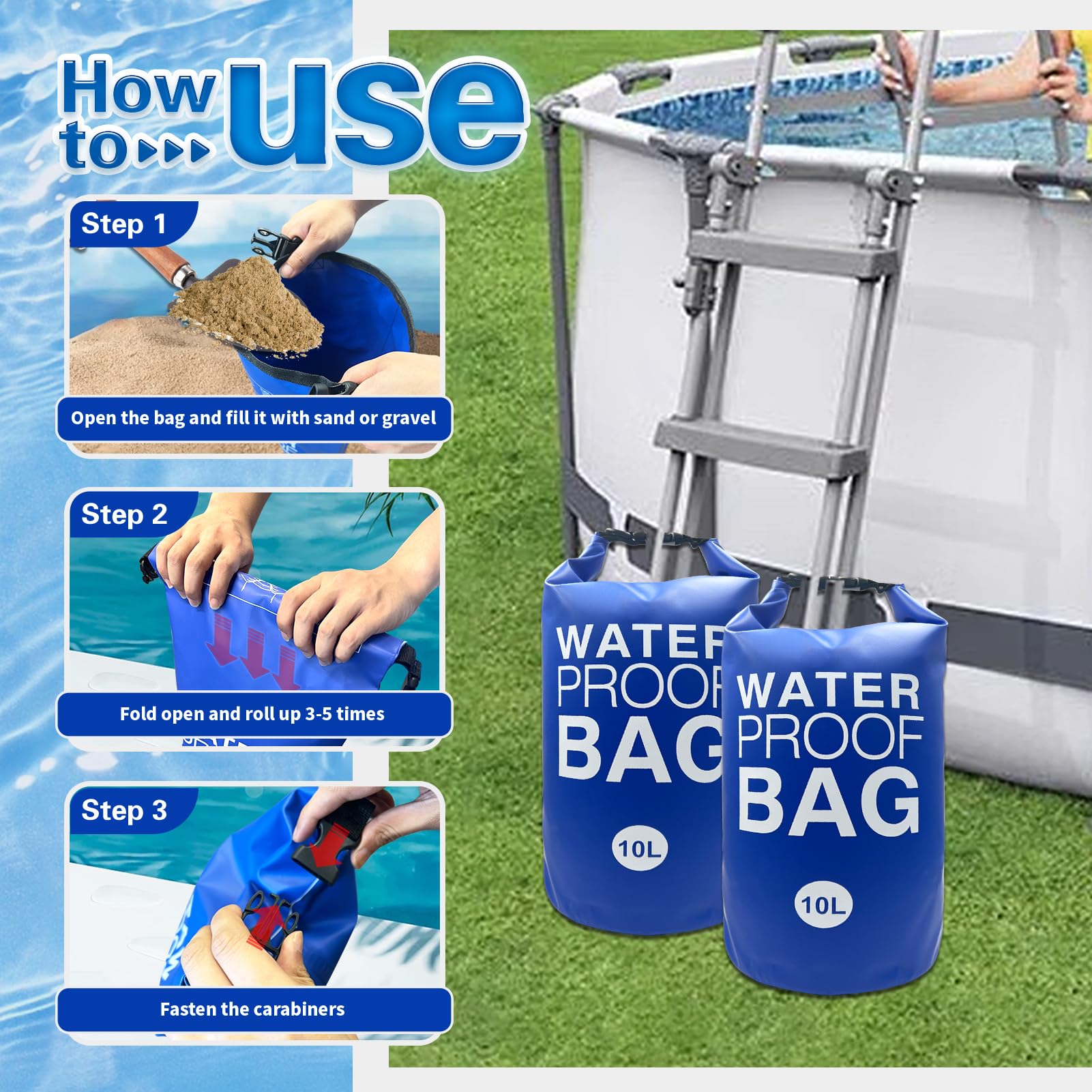KEOHOLI Universelle Pool-Stufengewichte, 500D PVC, 10 l, wasserdichte Beutel für Schwimmbadleiter, Gewichte für oberirdische Pools, Sandsäcke, Pooltreppengewichte für Poolstufen, einfach und schnell