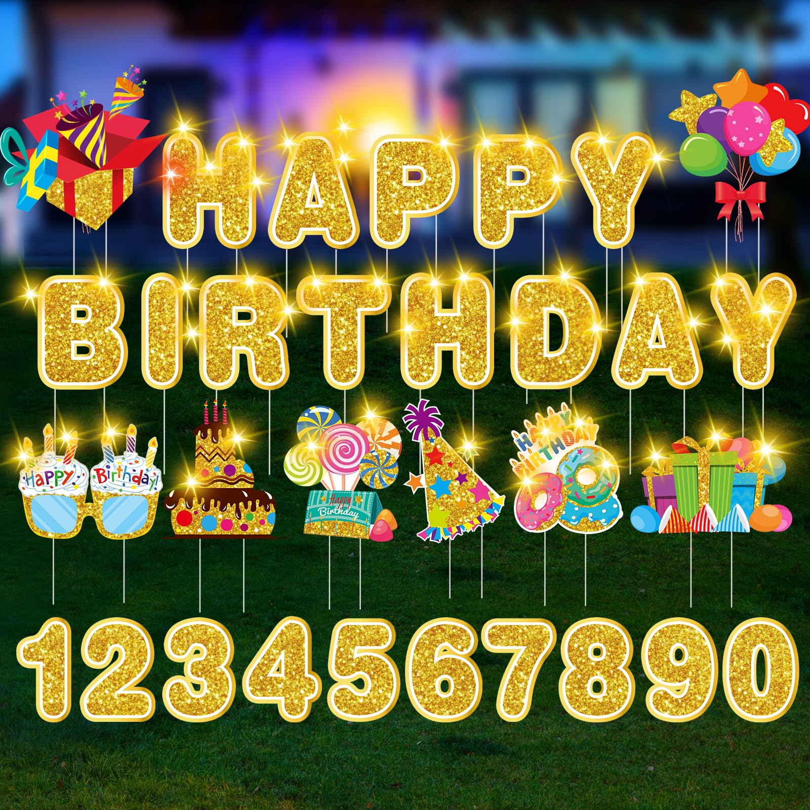 20 Pcs Christmas Large Happy Birthday Yard Signs with Stakes, 16 Inch Letters Signs with 2 Pcs 5 Meters Led String Lights and 10 Pcs Number Stickers Waterproof Age Sign for Lawn Decoration (Candy)