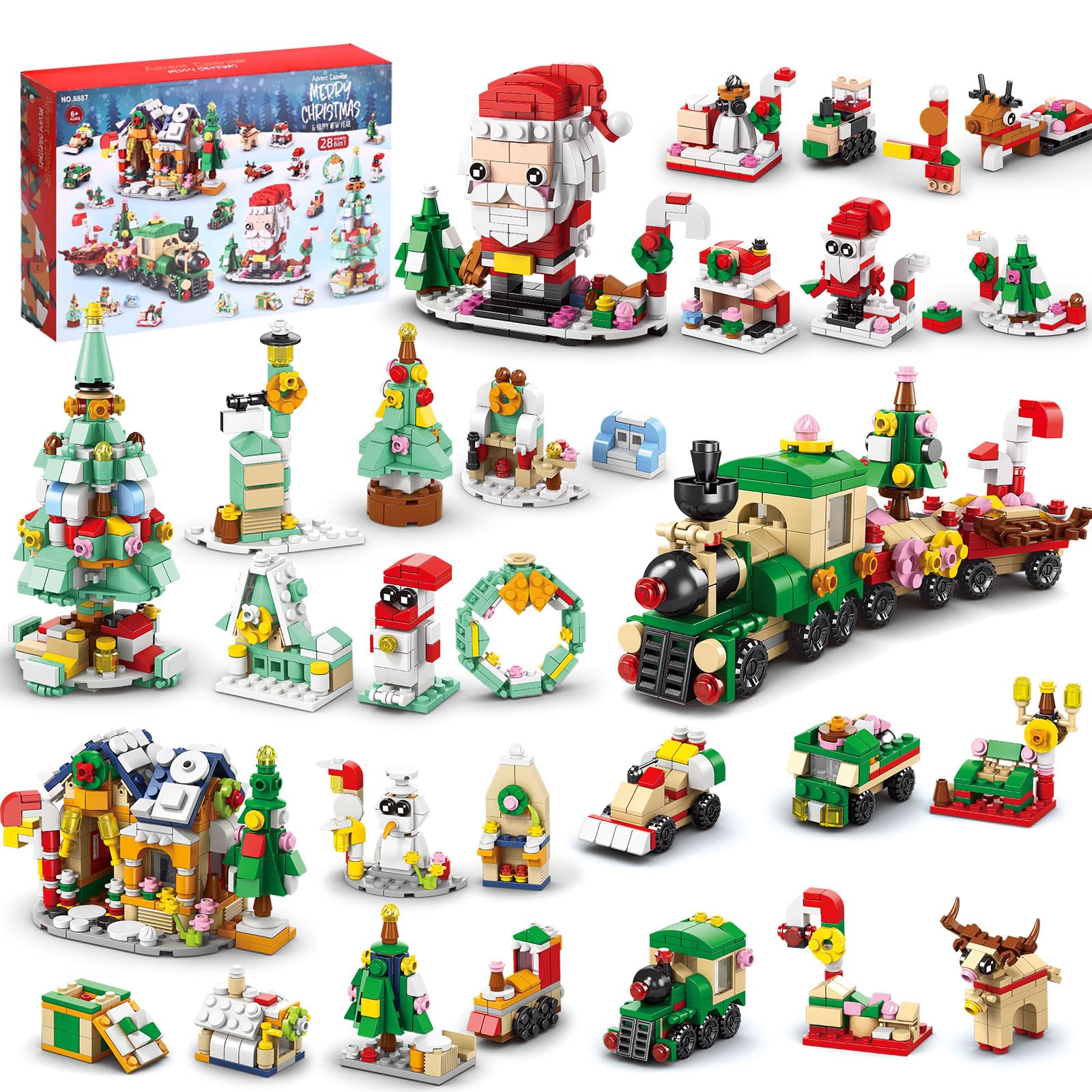 2024 Advent Calendar Christmas Building Blocks Set, 2024 Countdown Playset 24 Collectible Surprises for Kids, Christmas Toys Block Party Favors Boys Girls (1123 Pieces 28 Models 6 in 1)