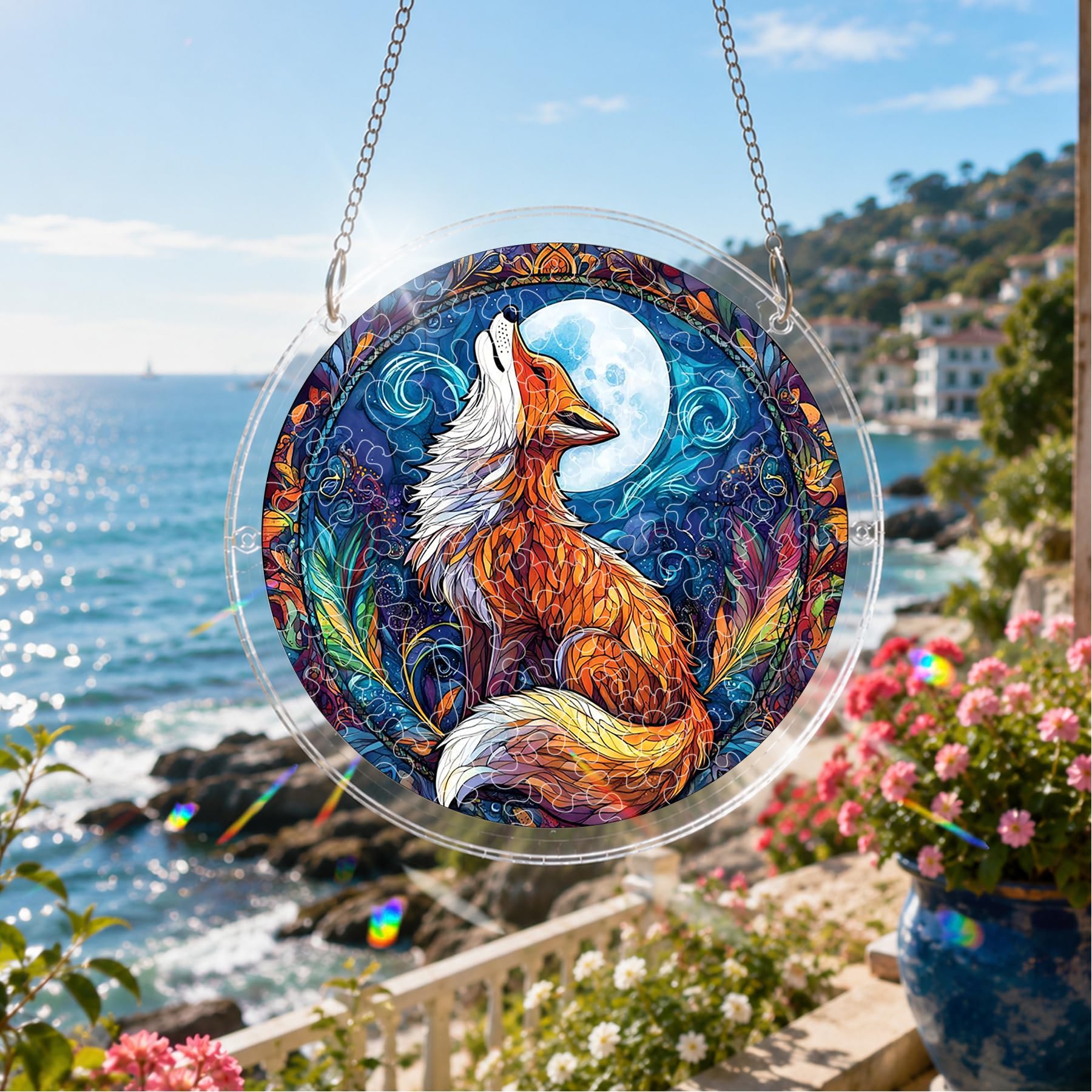 Fox Acrylic Puzzle Suncatcher Window Hanging, 83 Piece Colorful Stained-Glass-Style Sun Catcher Decor, 18 cm with Stainless Steel Hanging Chain for Window, Door, Home &Garden Decor, Gift-161