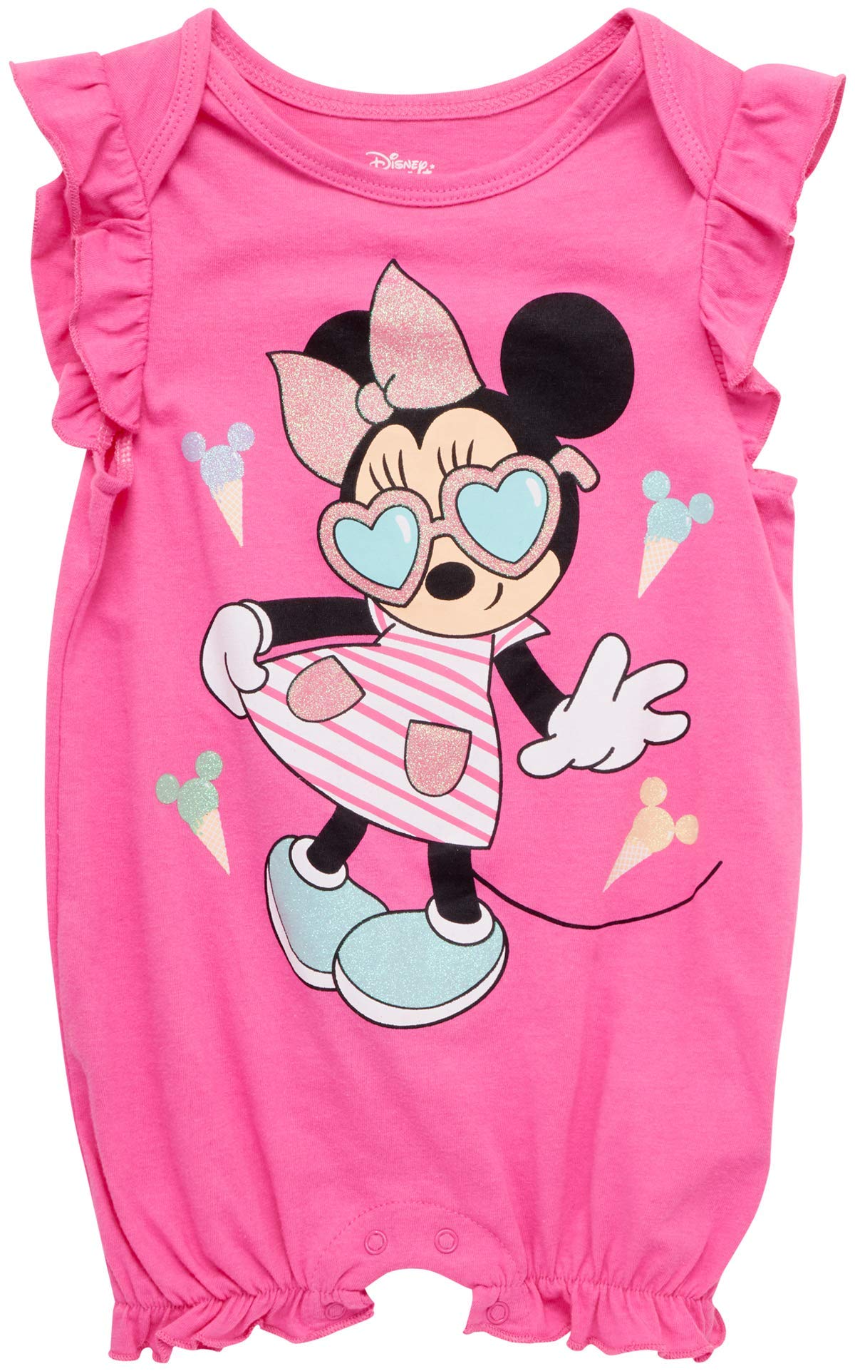 Disney Baby Girls Romper 2 Pack: Minnie Mouse Ruffle Sleeve Romper (Newborn/Infant), Size 24 Months, Hot Pink Minnie./ White Multi Hearts