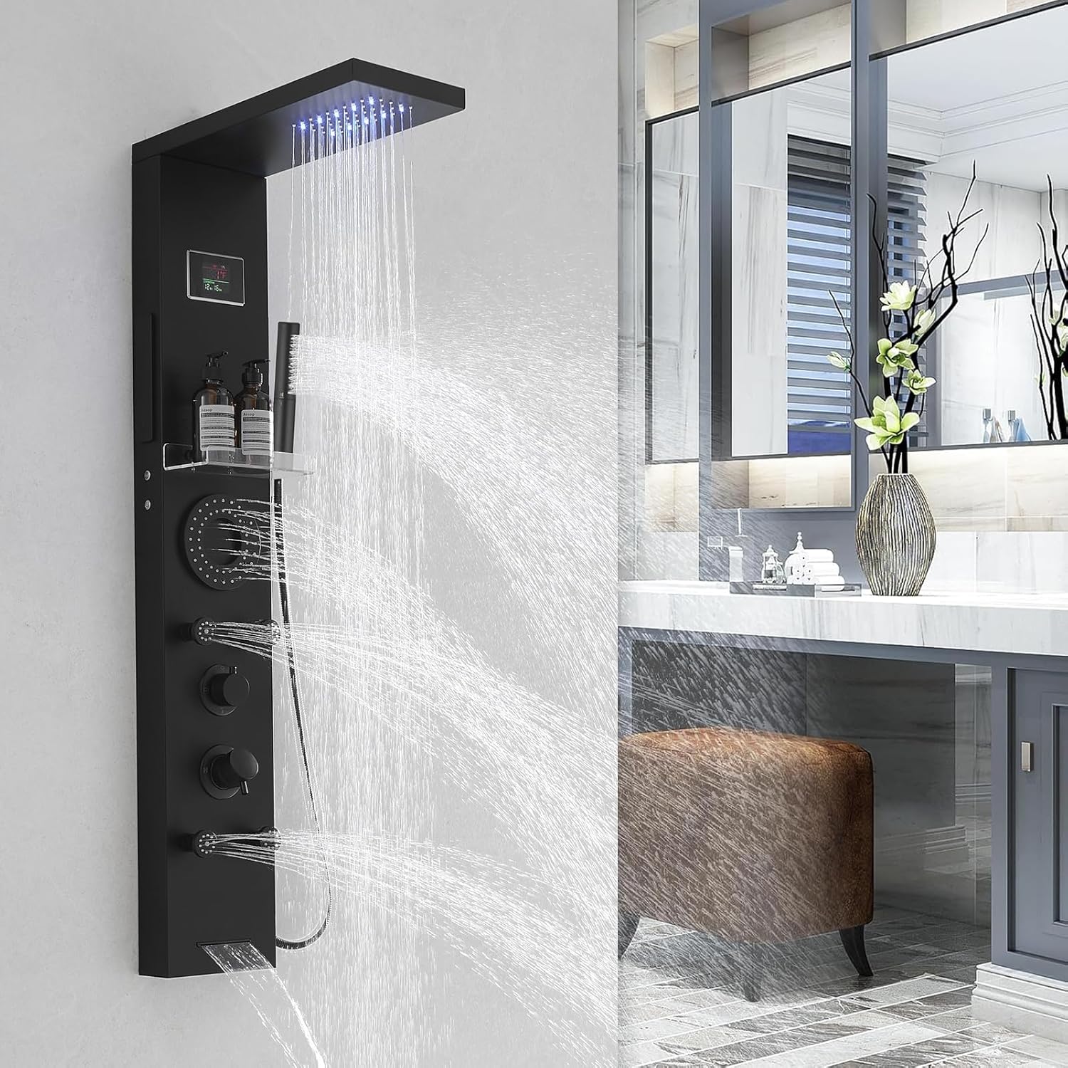 RUMOSE Dark Black Shower Panel Tower System, 5-Function Shower Faucet Set LED Light Rainfall Shower Head Digital Display with Massage Jets Tub Spout Shower Shelves, Stainless Steel, Wall Mount