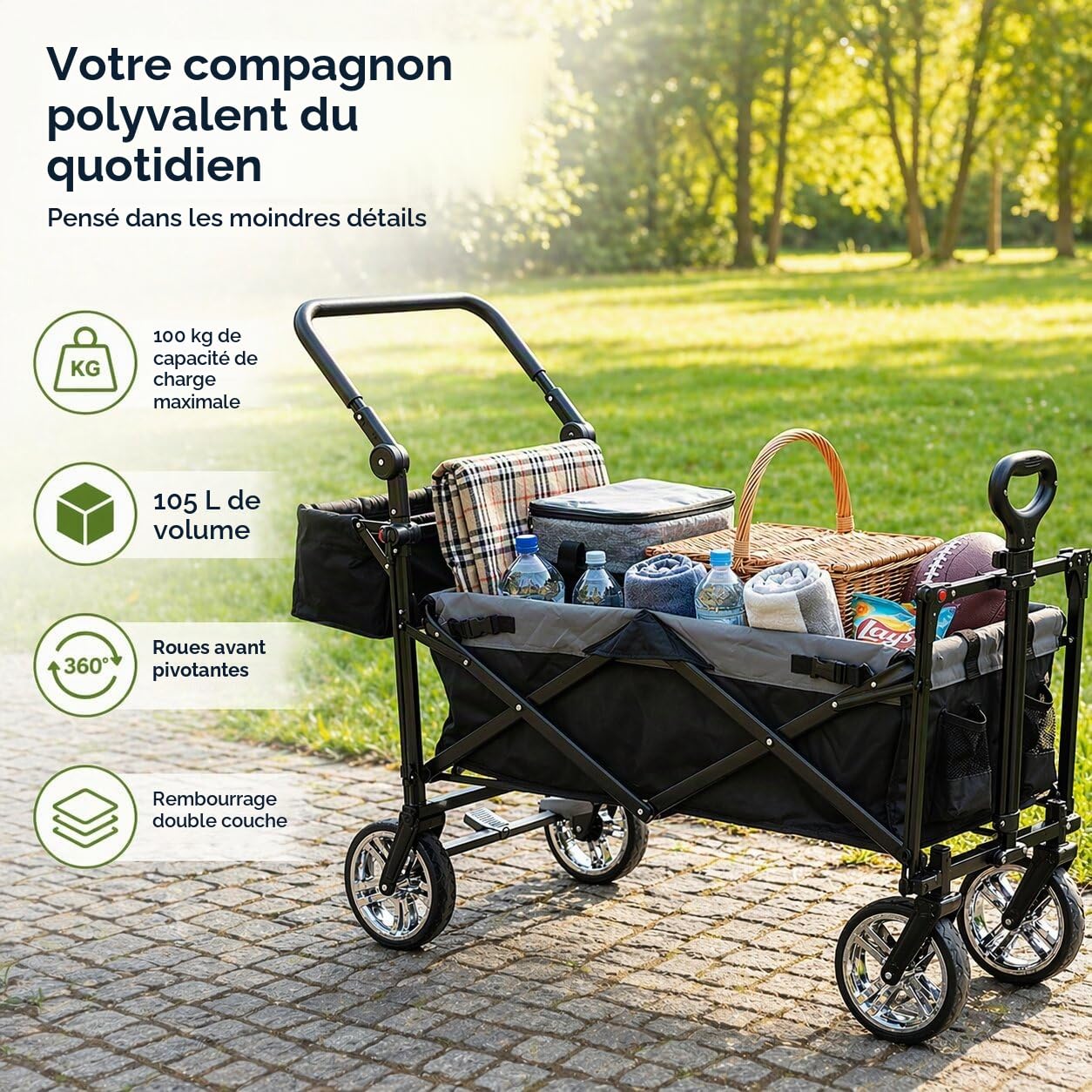 Chariot pliable avec toit, 105 l, 100 kg, poignée de poussée et barre de traction télescopique, 2 freins de stationnement + frein central arrière, système de ceinture à 3 points, poche arrière XXL
