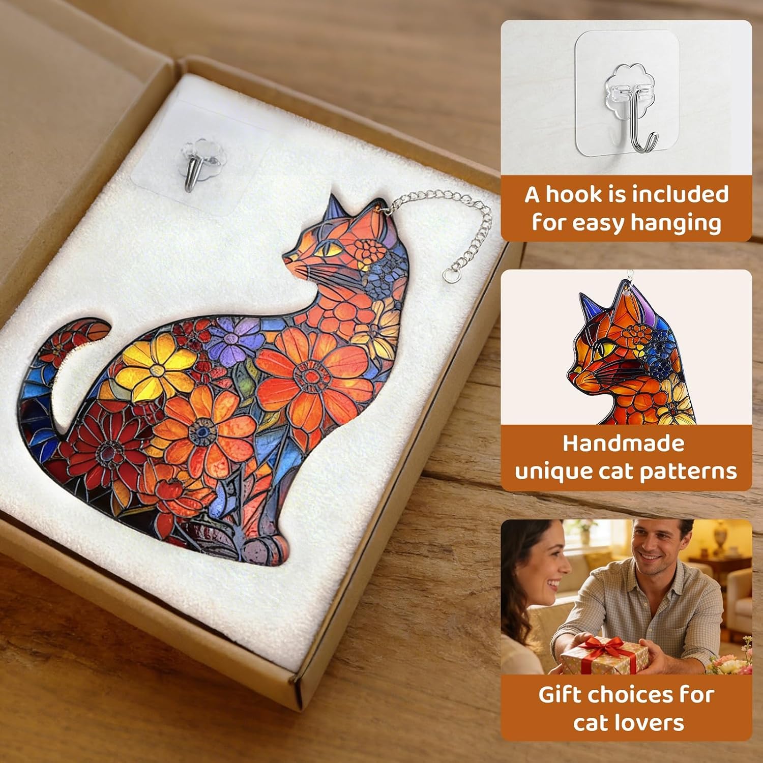 Stained Glass Window Hanging Sun Catchers with Cat Design, Indoor Cat Decor for Sunlight, Colorful Suncatchers for Home Windows and Garden Decor