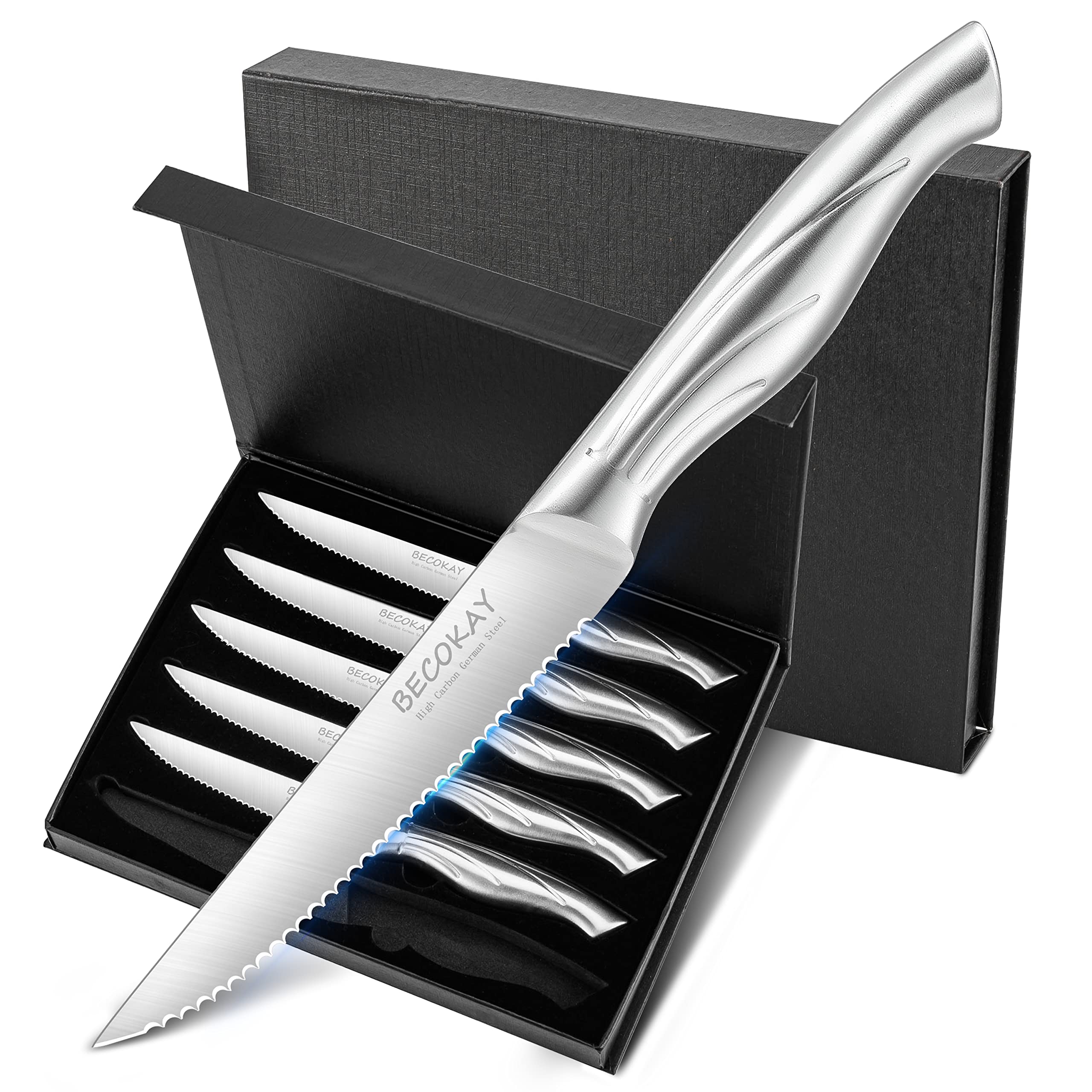 Steak Knives - Steak Knives Set of 6 High Carbon German Steel Serrated Steak Knife - 4.3 Inch Premium Steak Knife Set - Ergonomic Full Tang Hollow Handle (Silver)