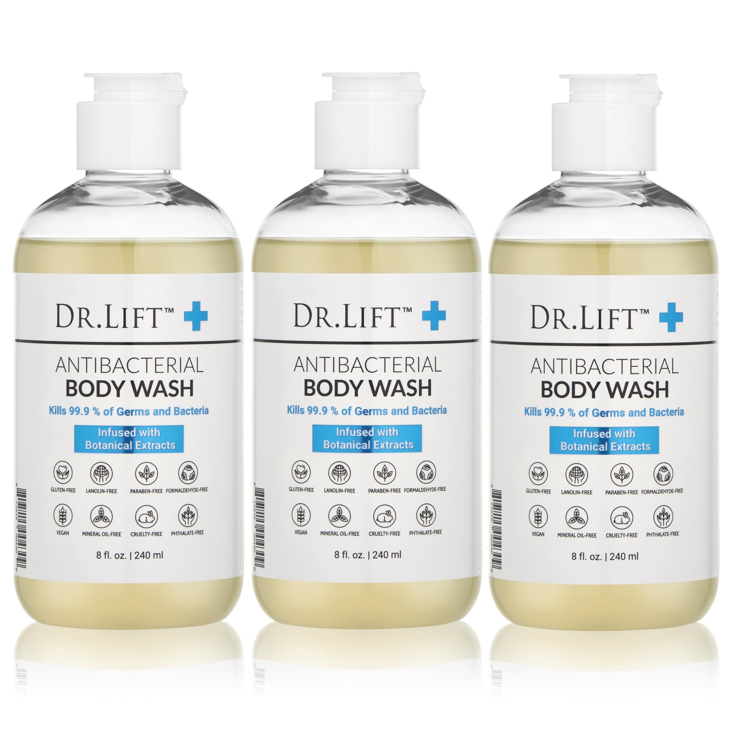 Antibacterial Body Wash, 8 oz (3-Pack) - Gentle & Effective Shower Gel - Made in America