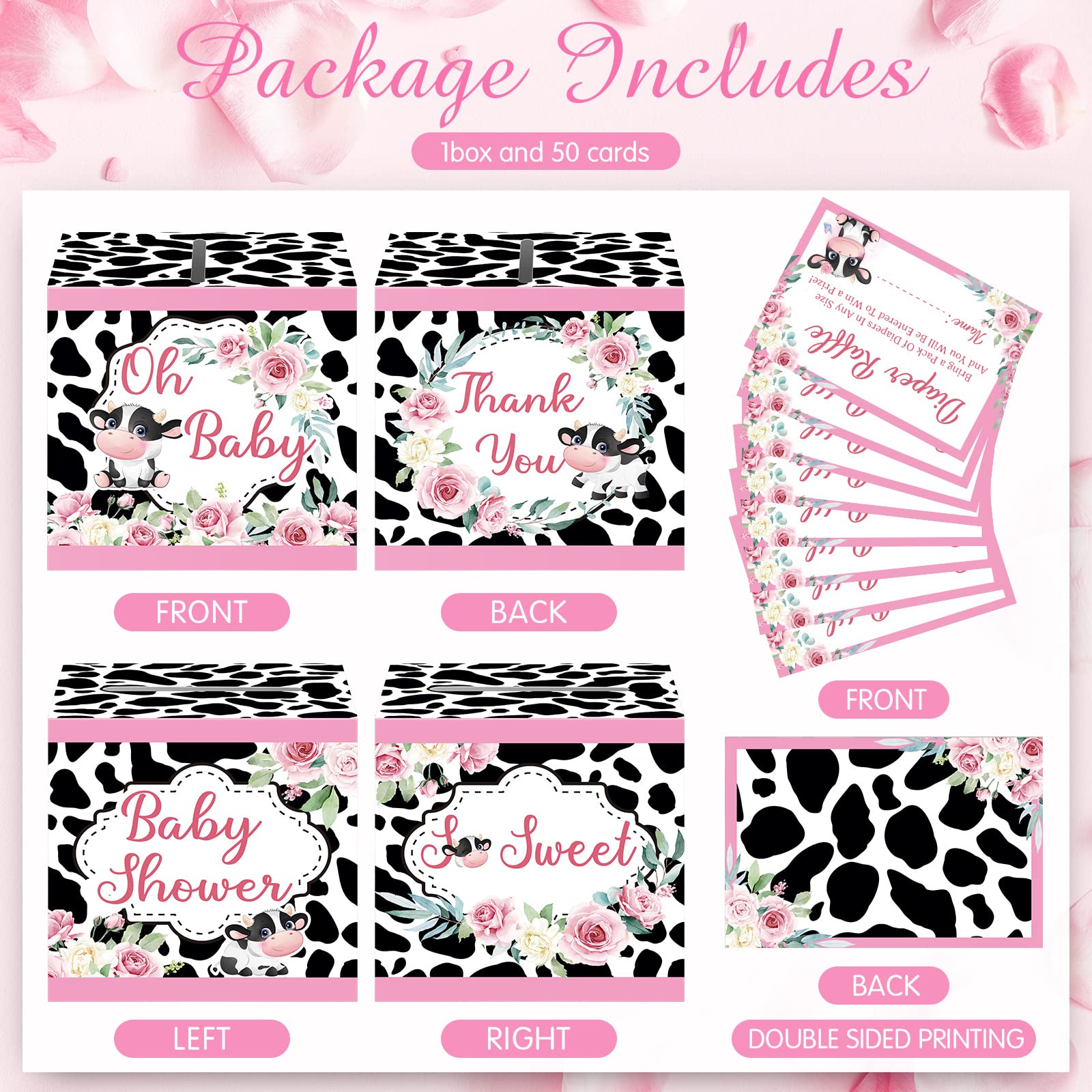 Ctosree 50 Pcs Pink Cow Diaper Raffle Tickets with Card Box Cow Baby Shower Decoration Diaper Raffle Game Kit Baby Shower Holder Box for Girl Gender Reveal Party Favor Supplies