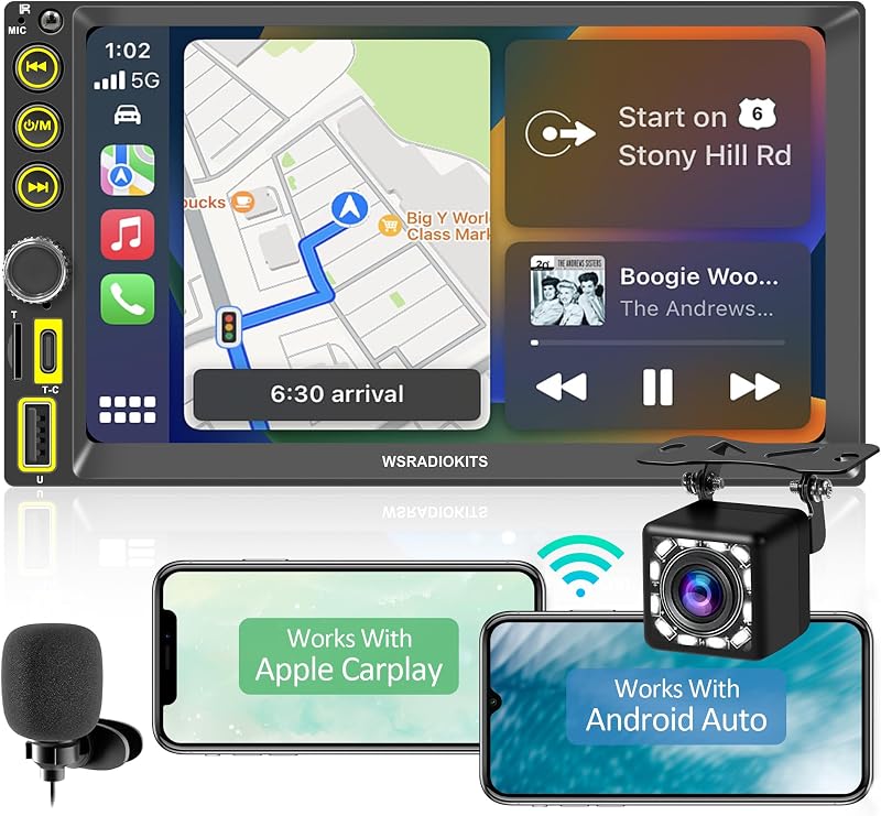 WSRADIOKITS Vezeték nélküli CarPlay Android autórádió 7" érintőképernyő, kamera, GPS, gyorstöltés