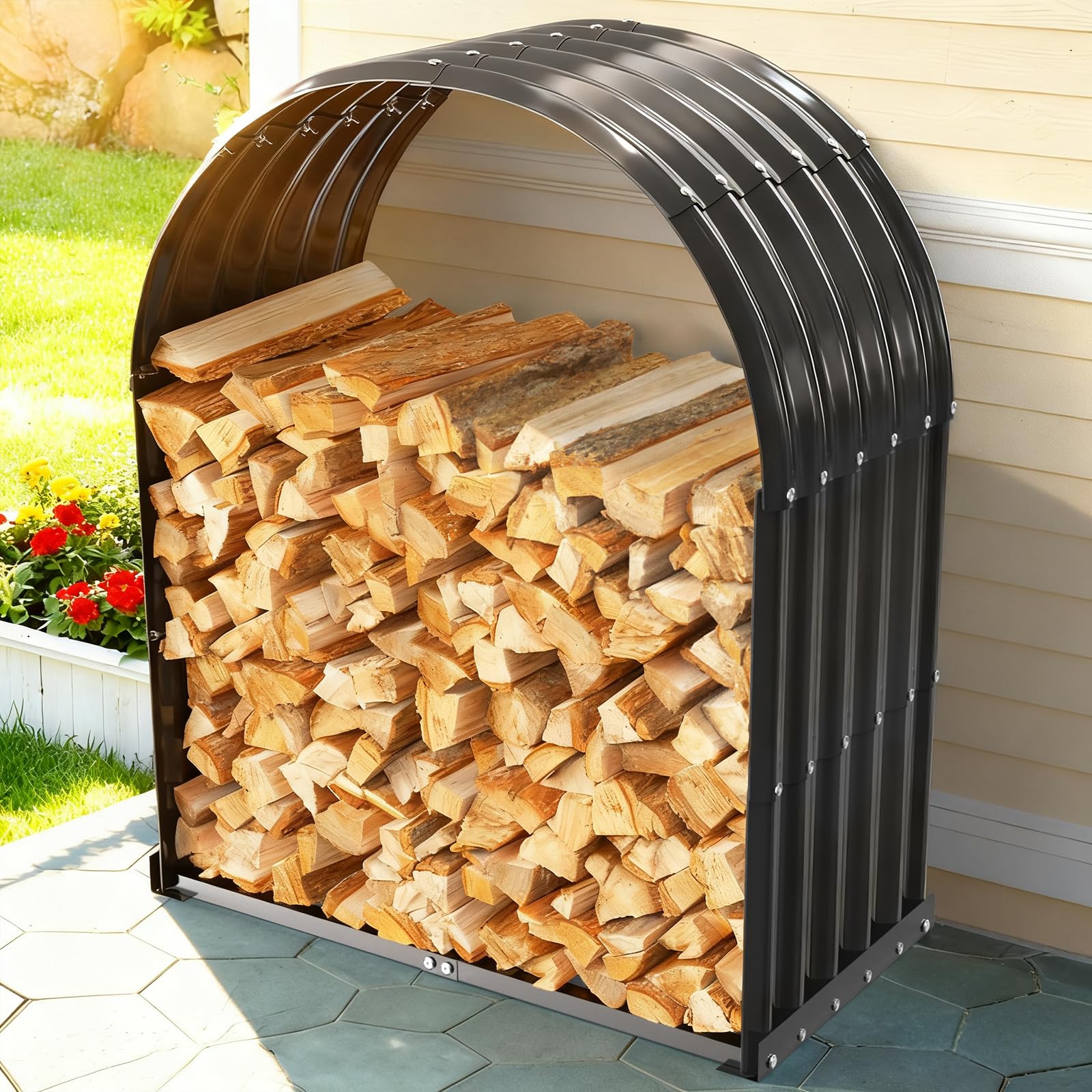 Portalegna da ardere resistente con copertura ad arco, capacità 317,5 kg, porta legna in acciaio zincato impermeabile, per camino interno o patio esterno, elegante organizer per legna da ardere