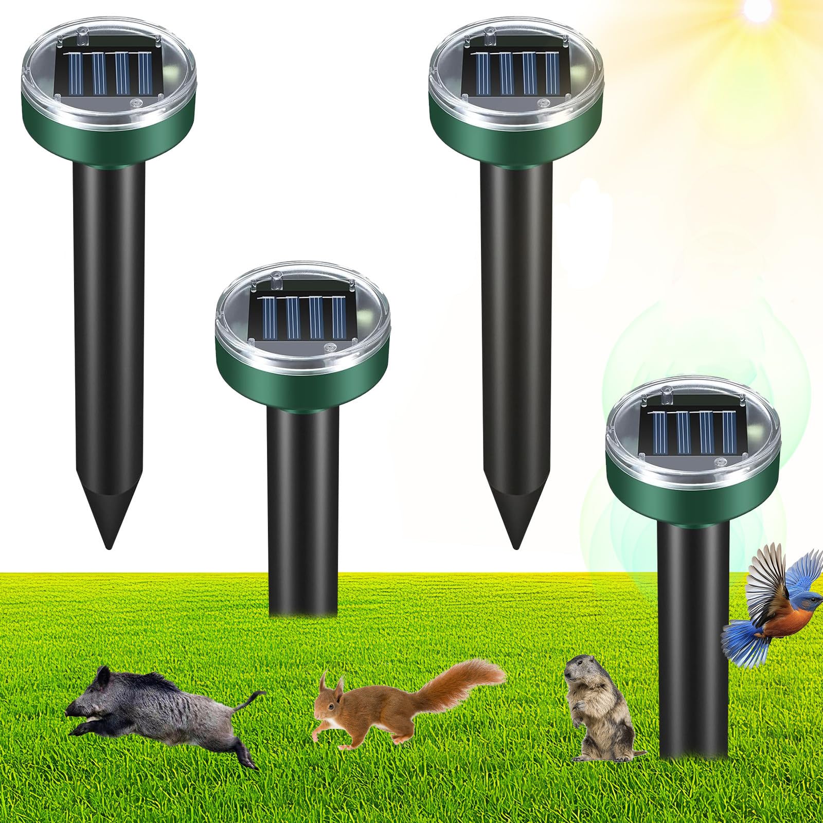 ALLOMN Solar Mole Repellent Ultrasonic, 4 Pack Ultrasonic Solar Mole Repellent Waterproof Solar Power Mole Stopper for Garden Lawn Yard Home Get Rid of Mouse Gophers Mole Rat Vole Rodent Snake