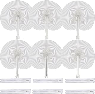12 Pcs White Round Paper Folding Fans,Decorative Wedding Foldable Hand Handheld Fans Chinese and Japanese Fan Bulk for Bridal Guest Church Party Favors Dancing Birthday DIY