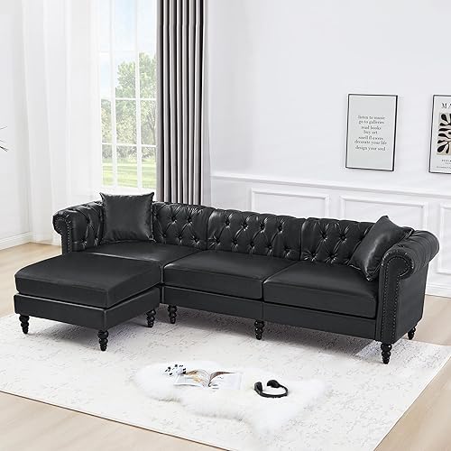 Vista 15 de LEVNARY Sofá Seccional Chesterfield en Forma de L de 98" x 98", Sofá de Tela Similar al Lino de 5 Asientos con Brazos Enrollados, Sofá de Esquina