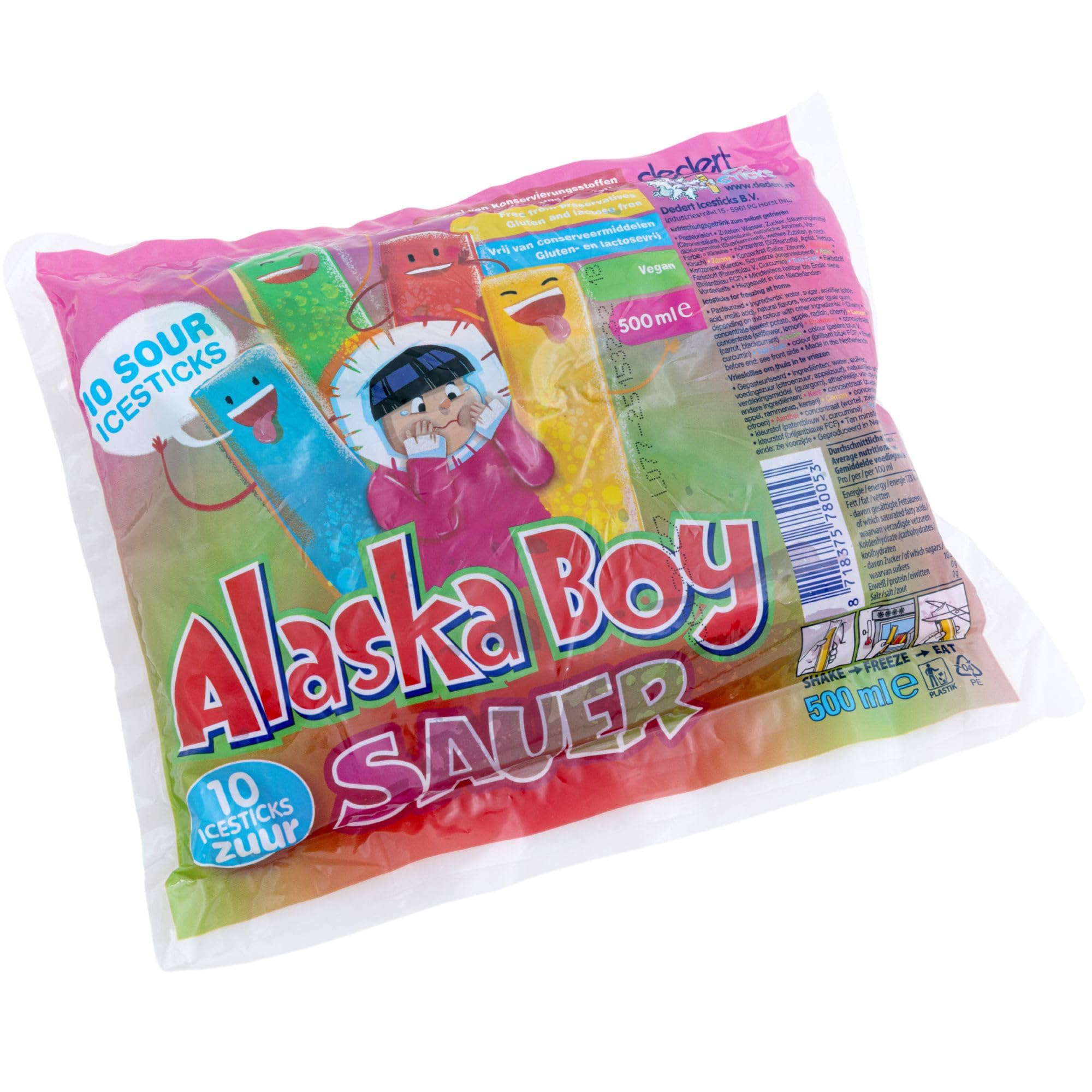 Alaska Boy Icesticks Sauer (20x 500ml) | 200x Wassereis mit je 50ml | Vegan, Glutenfrei und Laktosefrei | Wassereis-Großpackung mit 5x Geschmacksrichtungen Stangeneis zum einfrieren