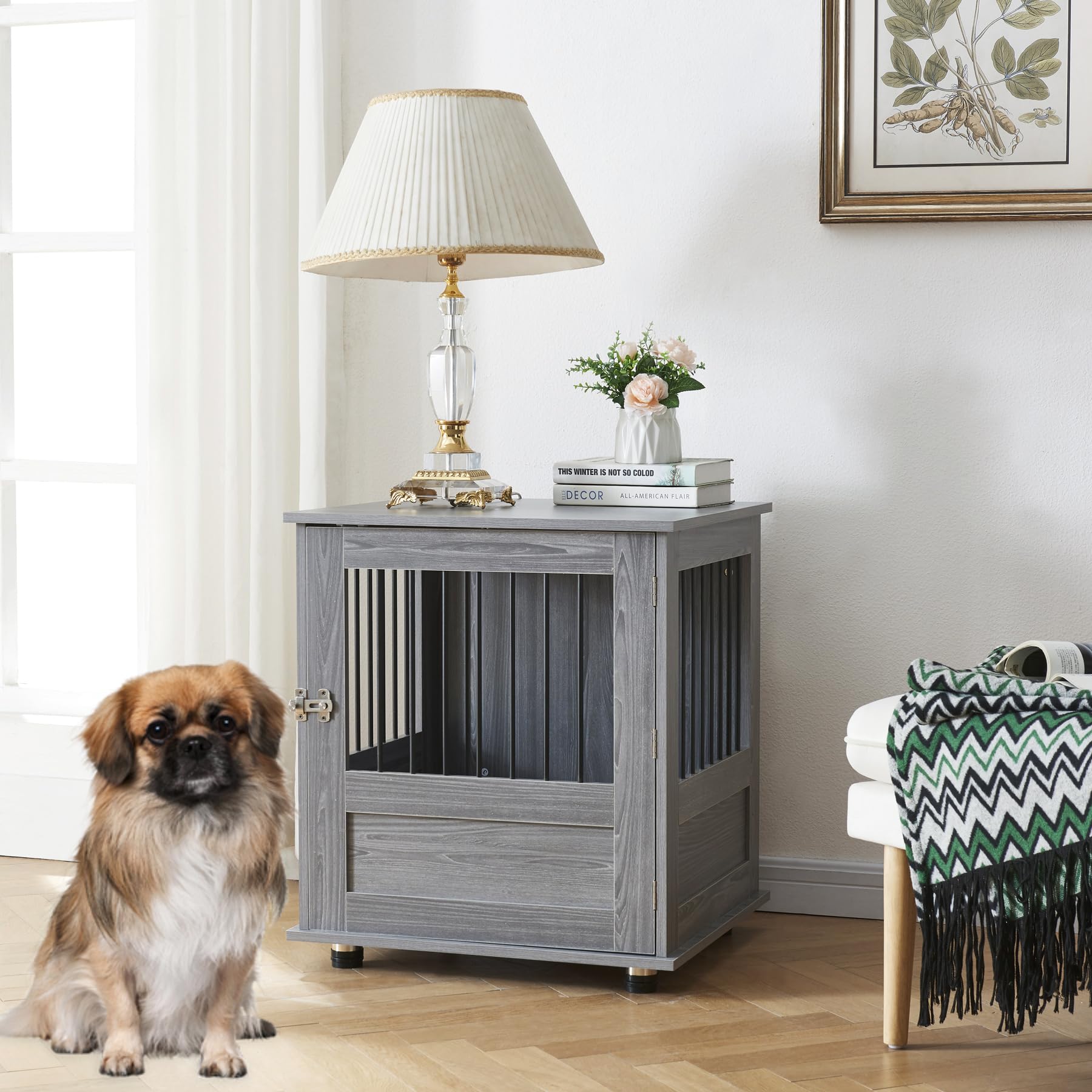 Panana Furniture Style Dog Crate, Puppy Cage End Table With Metal Wire, Indoor Dog Pet Kennel House with Doors (Grey 60 x 50 x 70cm)