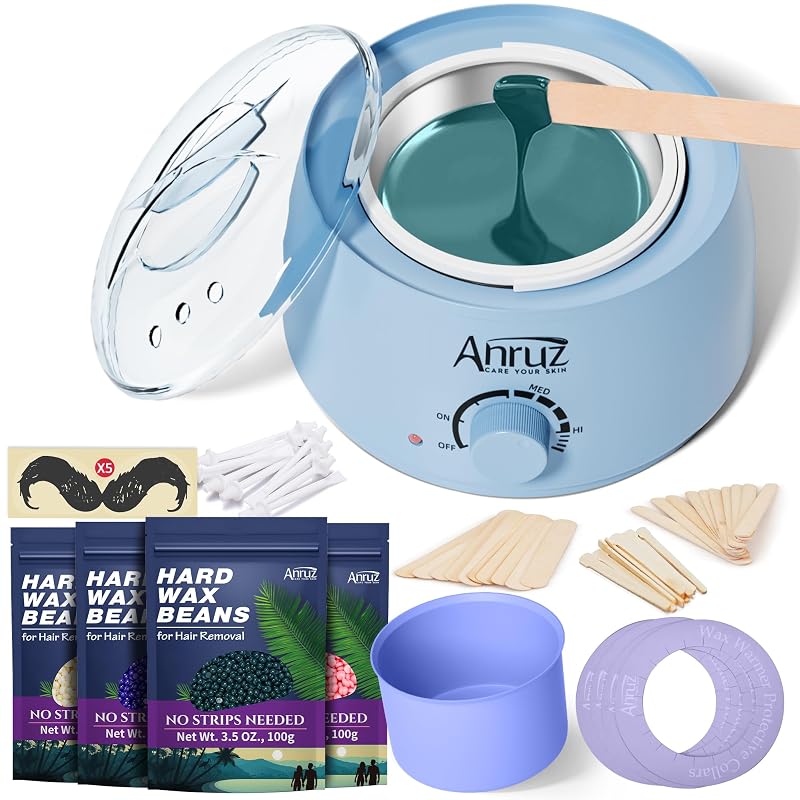 Kit ANRUZ para Depilação com Cera, Aquecedor de Cera Azul com Tigela de Silicone e Acessórios