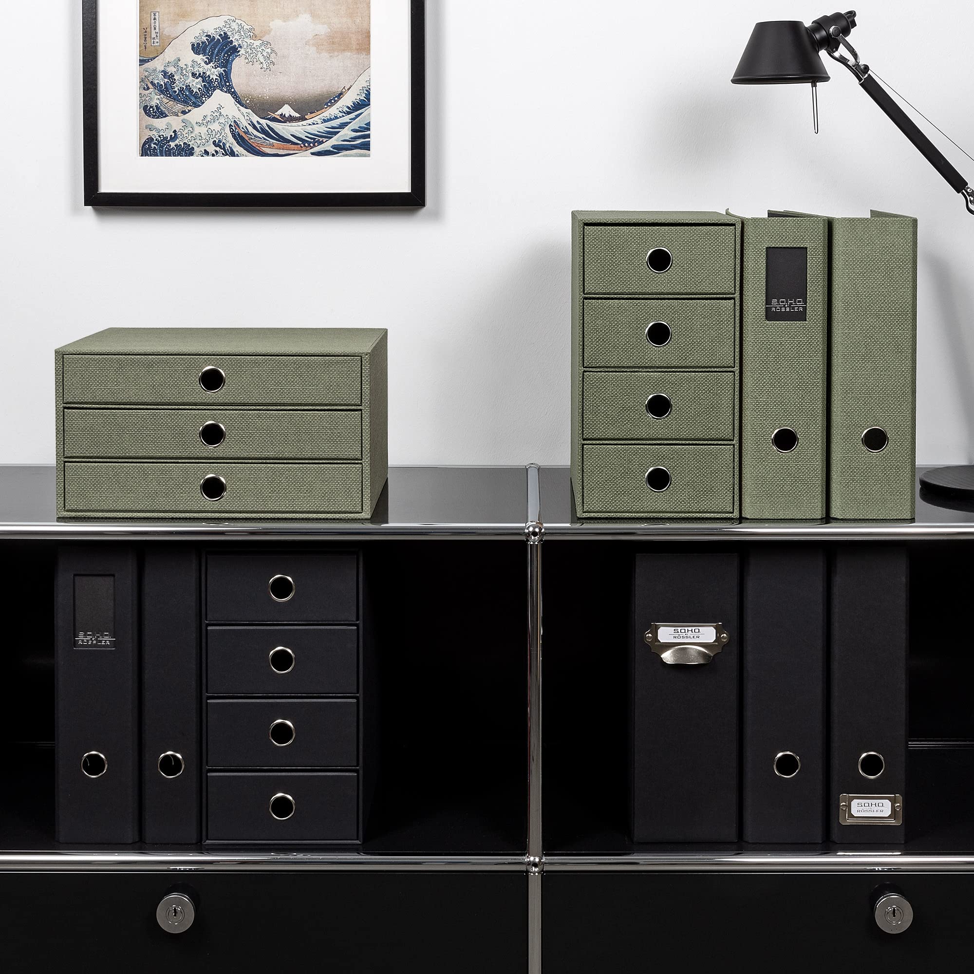 Rössler - S.O.H.O. Meuble à 3 tiroirs A4 34 x 25 x 19 cm Sauge | Organiseur de bureau pour documents, dossiers, fournitures de bureau et rangement organisé
