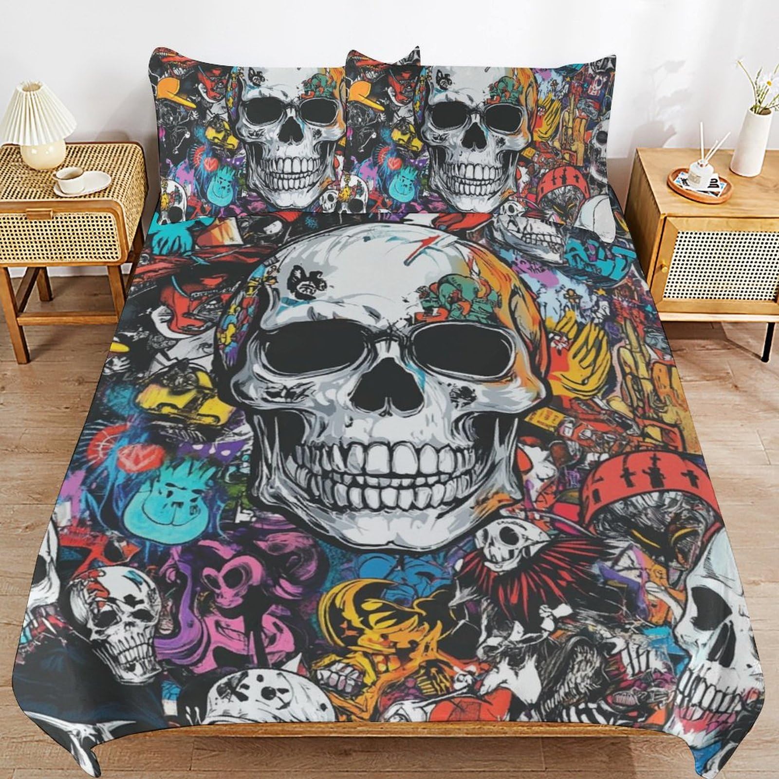Parure de lit 200 x 200 cm en microfibre douce avec housse et taies d'oreiller Skelettss