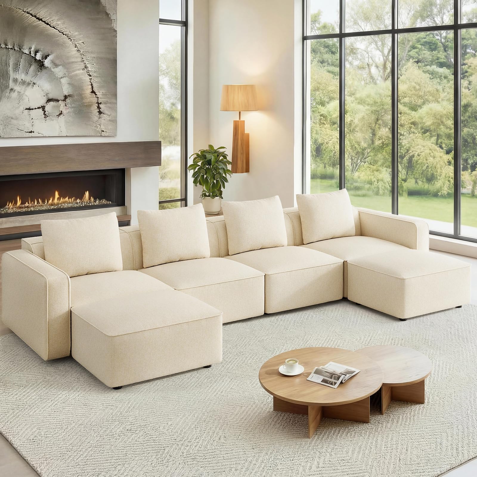 Welzona 132" Sectional Couch, Locked-in Modular Sectional Sofa, Wood Frame Couches for Living Room, 22" Deep Seat U Shaped Couch with Ottoman Chenille