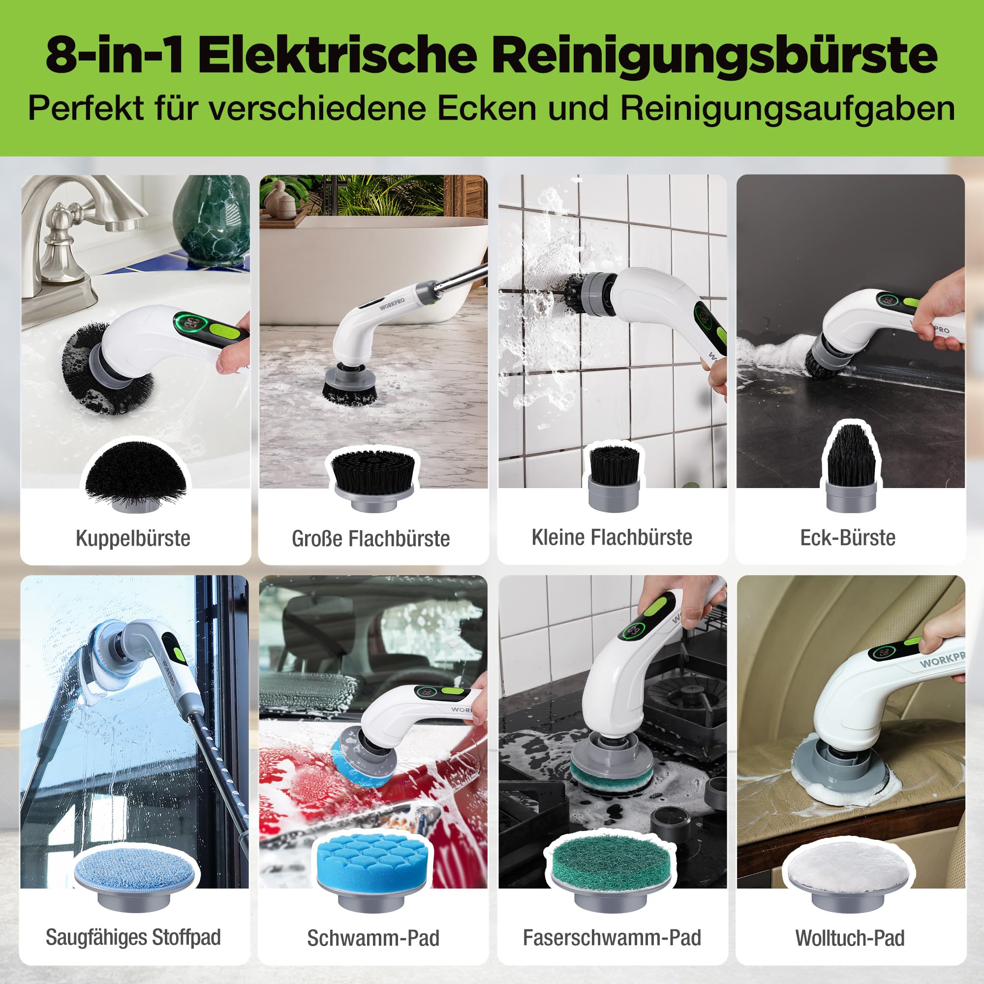 WORKPRO Elektrische Reinigungsbürste mit Leistungsanzeige, 8 IN 1 Spin Power Schrubber, Mit 8 Bohrköpfen & 30-120 cm Teleskopstange, Akku-Reinigungsbürste mit 3 Drehzahlstufen, Für Badezimmer, Küche