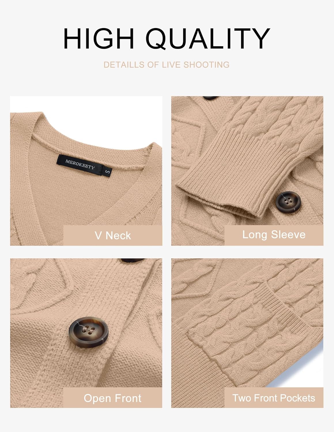 MEROKEETY Women's Long Sleeve Open Front Cable Knit Crop Cardigans V Neck Button Sweaters with Pockets - Image 5