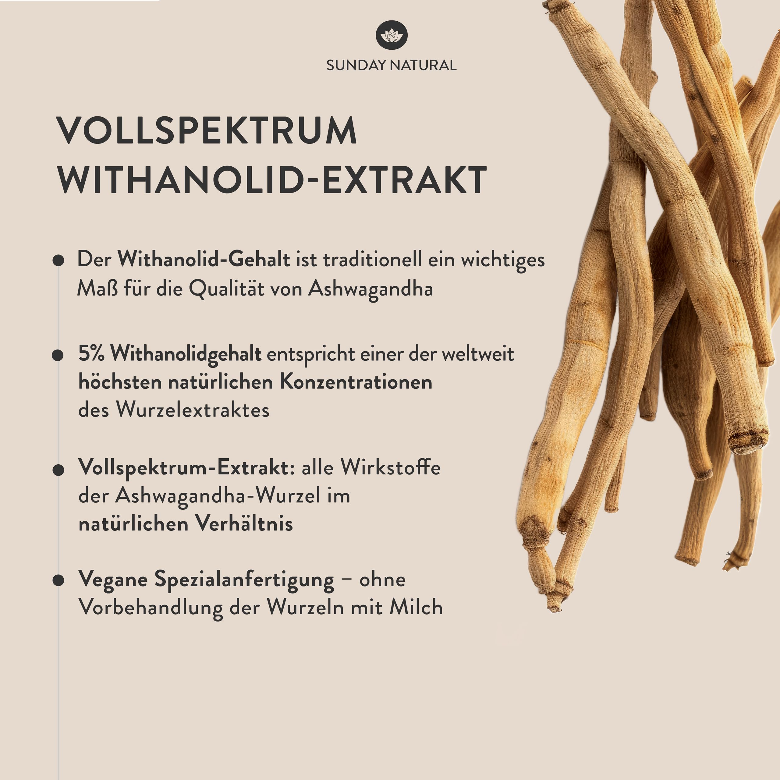 SUNDAY NATURAL® Bio Ashwagandha Kapseln - Premiumrohstoff KSM-66® – 180 Kapseln - 1.000mg Wurzelextrakt mit 50mg Withanoliden (5%) pro Tagesdosis – Ashwaganda aus Indien