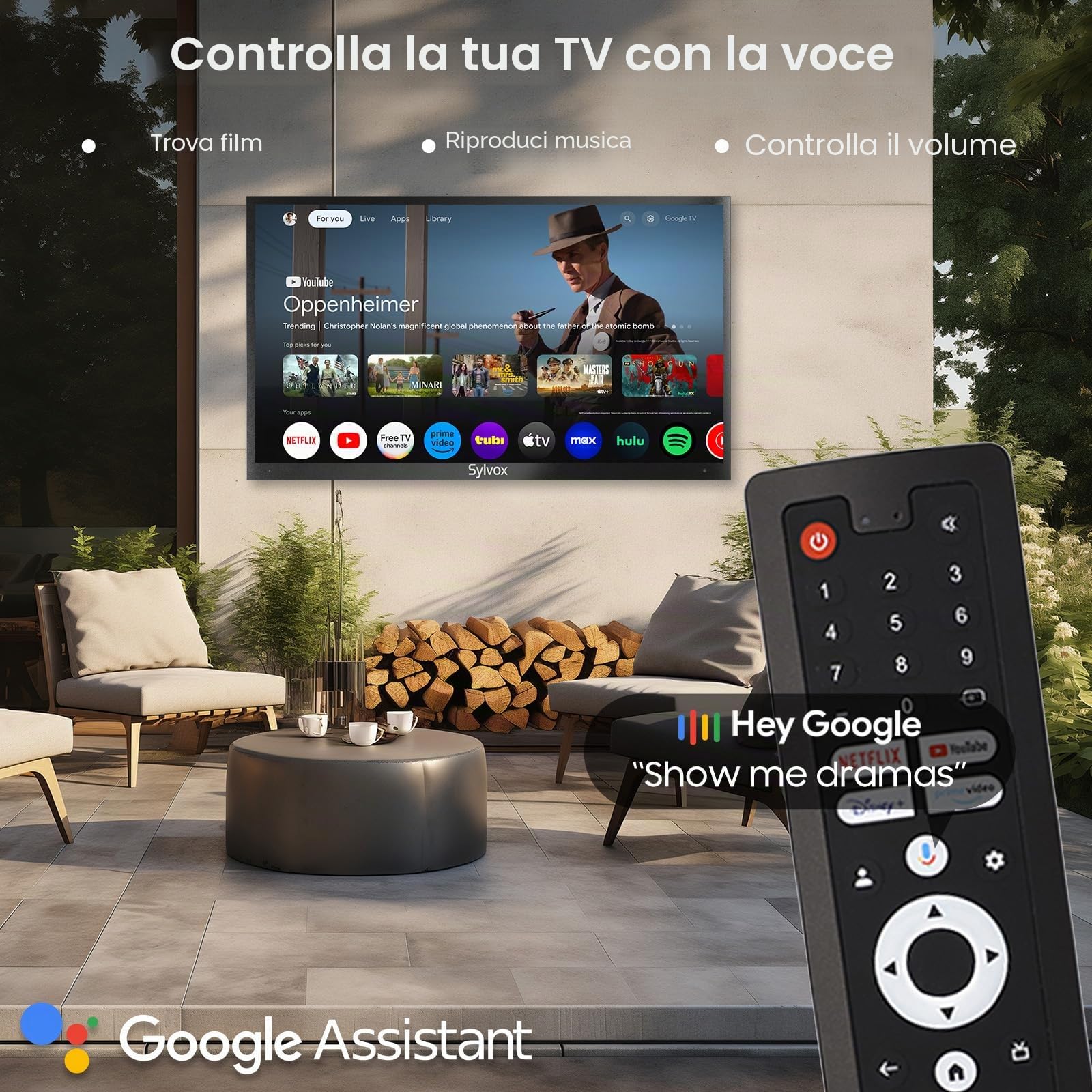 SYLVOX 75" Google TV da Esterno, QLED 4K UHD 1000Nits, IP55 Impermeabile | Outdoor TV Dolby Atmos, Tuner DVB-T2/S2/C HEVC 10, WiFi, Google Assistant, per Giardini, Terrazza (Deck Pro 2.0 QLED)