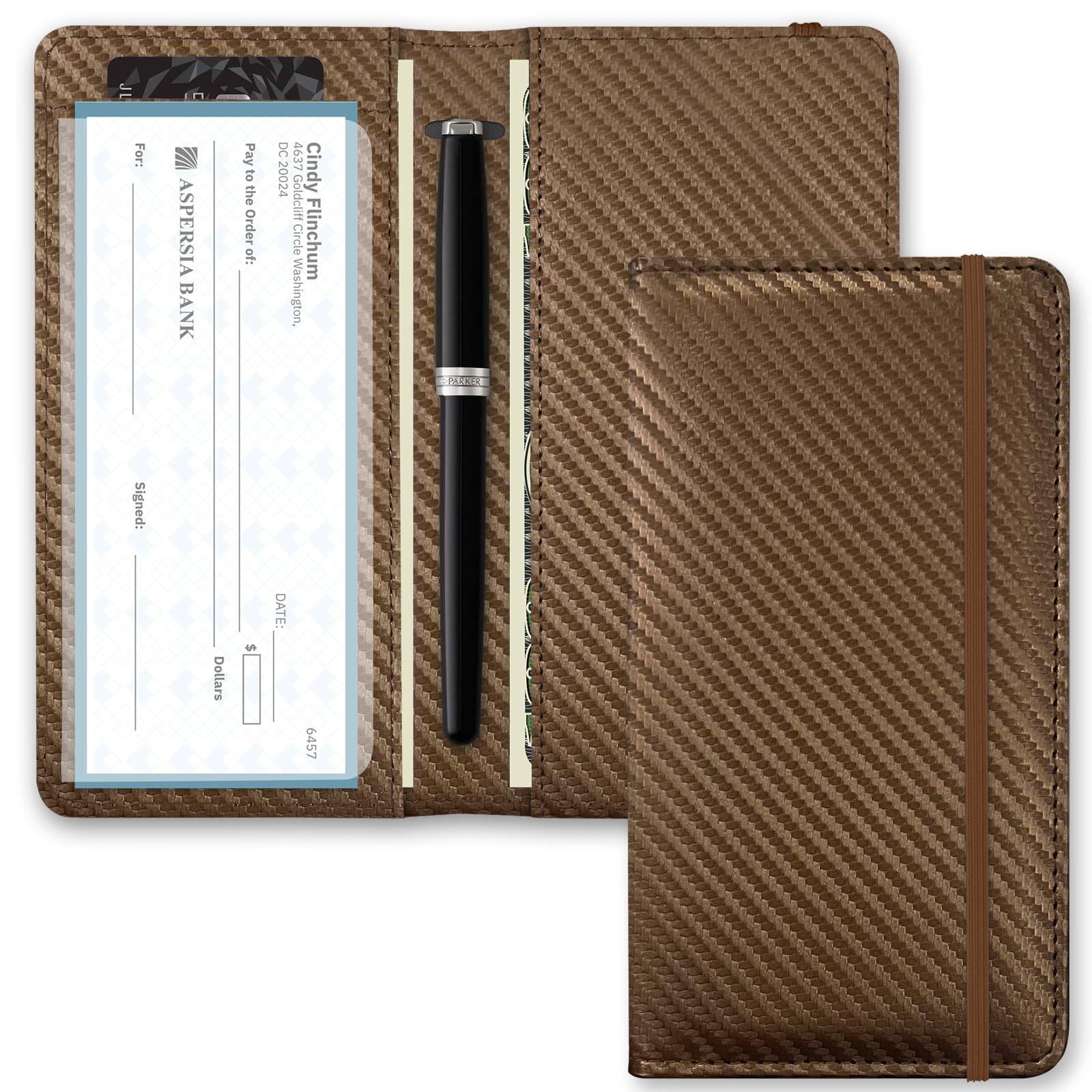 Checkbook Cover for Men Women, Premium Leather Checkbook Holder with RFID Blocking and Built in Clear Plastic Divider for Personal and Business Checks (Brown Carbon)