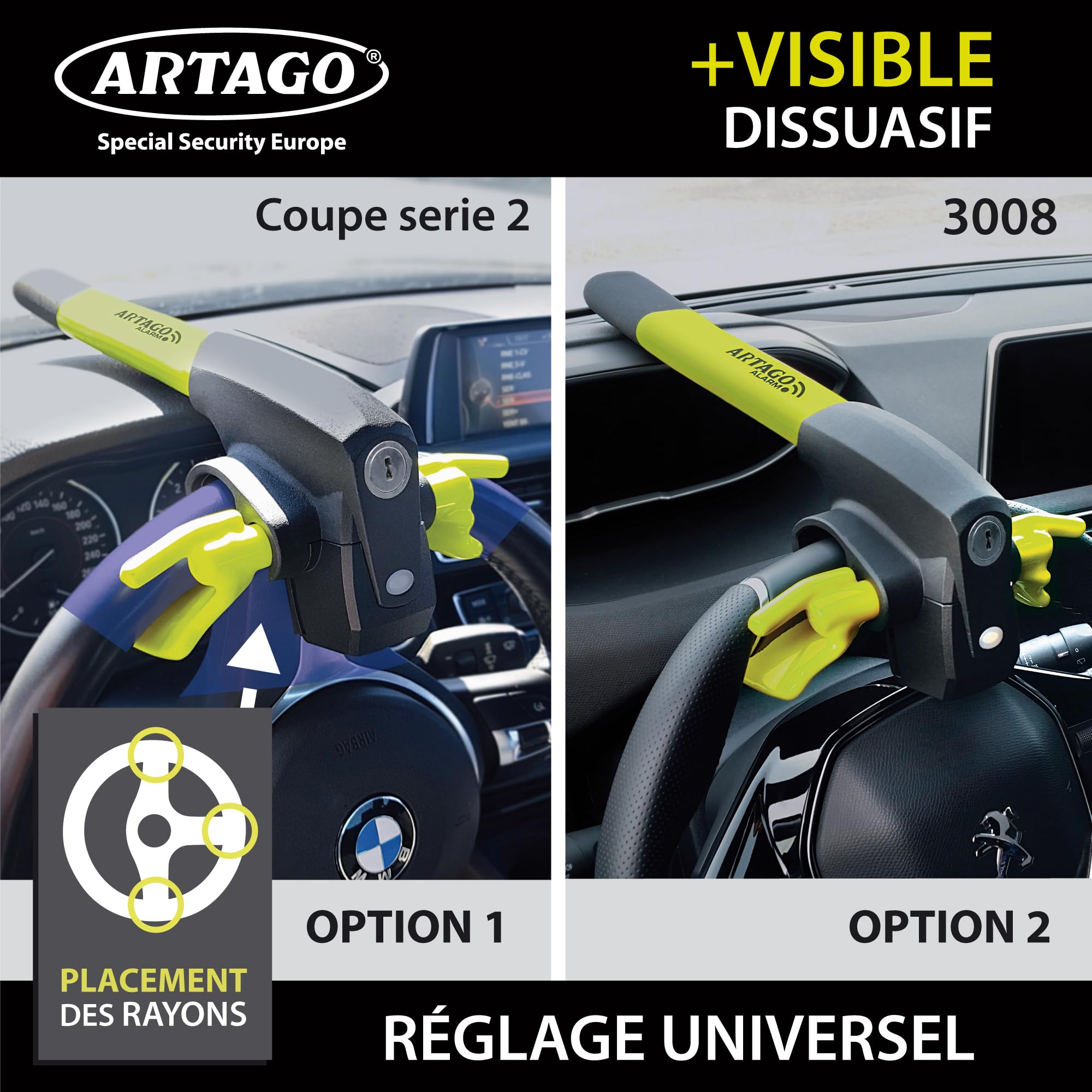 ARTAGO 870 Antivol Voiture Haut de Gamme, Canne Antivol Voiture 2en1 | Alarme Intelligente, 120dB, LED Nuit, Warning Dissuasif | Bloque Volant Plus Sûr Autour d'un Rayon, Meilleure Barre Bloc Auto SUV