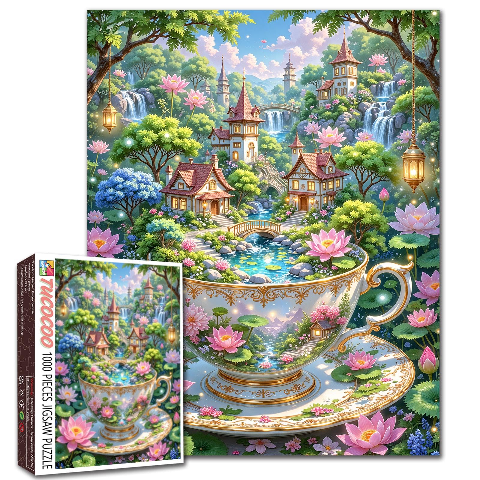 Dreamy Teacup Town 1000 Piece Jigsaw Puzzles for Adults Lotus Houses Bridges Puzzles Fantasy Waterfalls Streams Puzzle for Home Decoration Gifts Family Puzzle Perfect for Game Nights 19.7" x 27.6 "