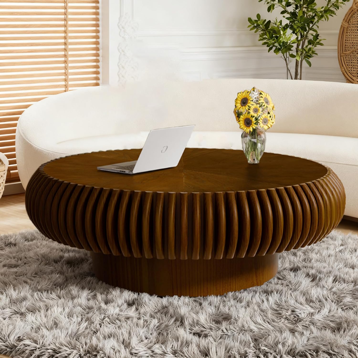 Round Coffee Table for Living Room Modern Brown Fluted Coffee Table Walnut Round Drum Coffee Tables Low Circle Pedestal Center Table for Small Spaces (A Walnut, 39.3 in)
