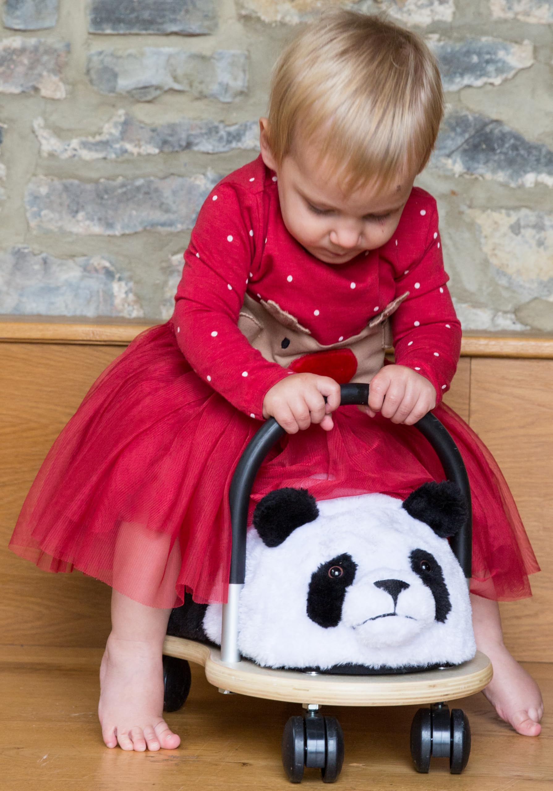 Wheelybug Drewniane zwierzątko do jazdy z wymienną pluszową osłoną, certyfikowana zabawka rozwojowa z certyfikatem bezpieczeństwa, mała (1-3 lata), pluszowa panda