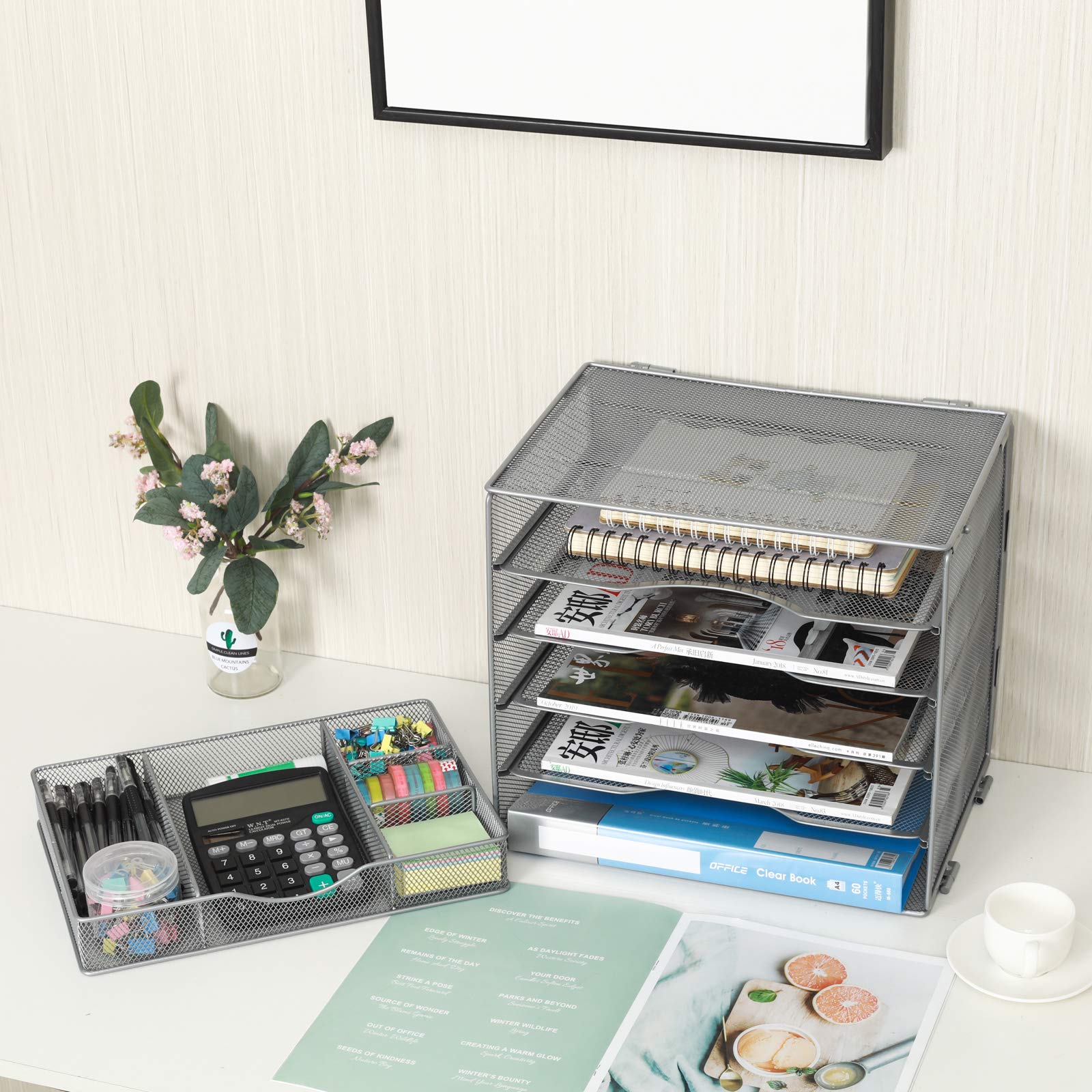 EasyPAG Portadocumenti da Scrivania A4 5 Compartimenti Metallo Rete,Vassoio Lettere,Ripiano Portacorrispondenza,Organizzatore Carta con Cassetto per Ufficio & Casa,Argento