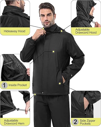 Miniatura 21 de 33,000ft Traje de lluvia para hombre, plegable, impermeable, ligero, para golf, senderismo, ciclismo, 2 piezas (chaquetas y pantalones)