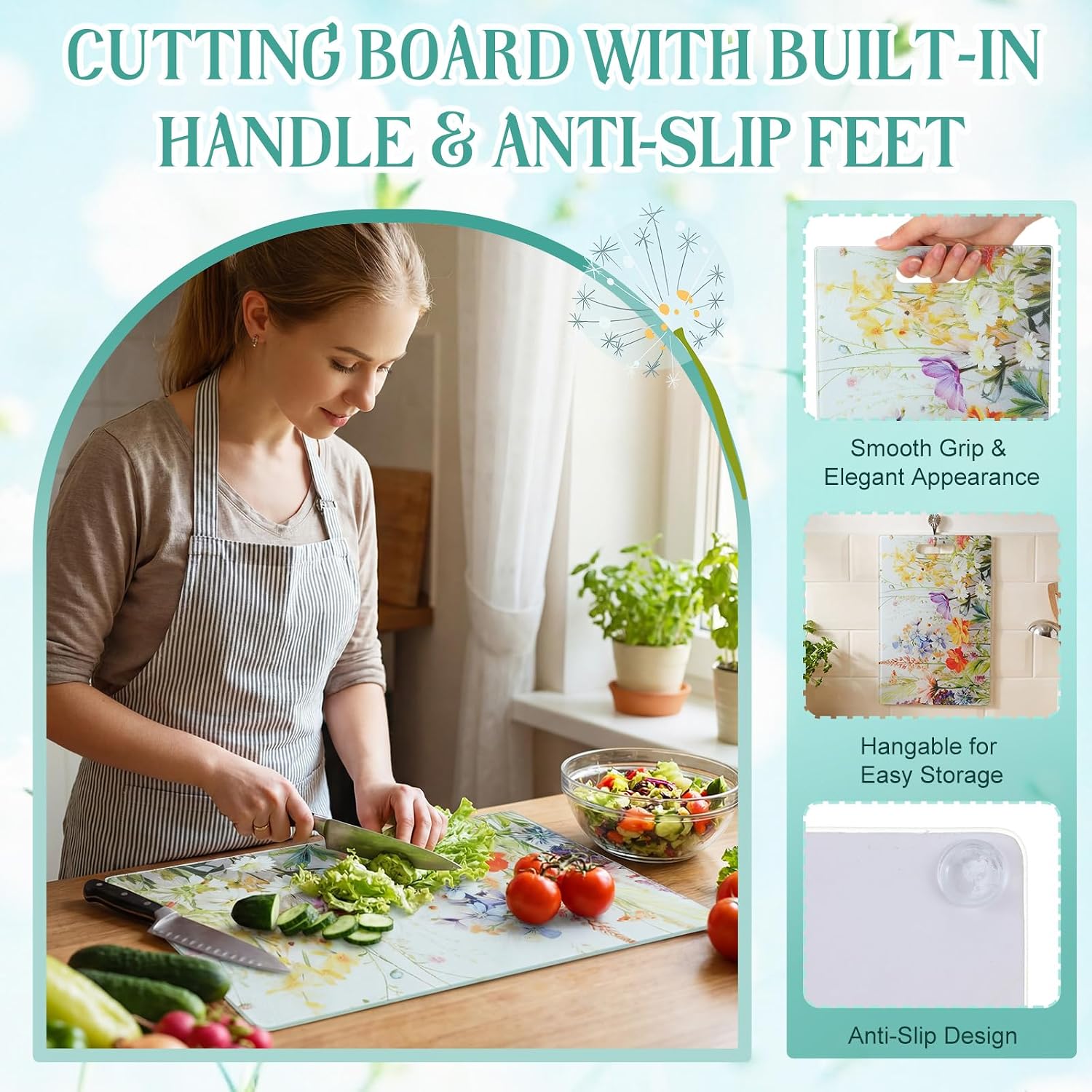 2 Pack Glass Cutting Board for Kitchen, Floral Pattern Tempered Glass Cutting Board with Handles Set Gifts Charcuterie Cheese Snack Boards Decorative, 16 x 12 Inches and 12 x 8 Inches