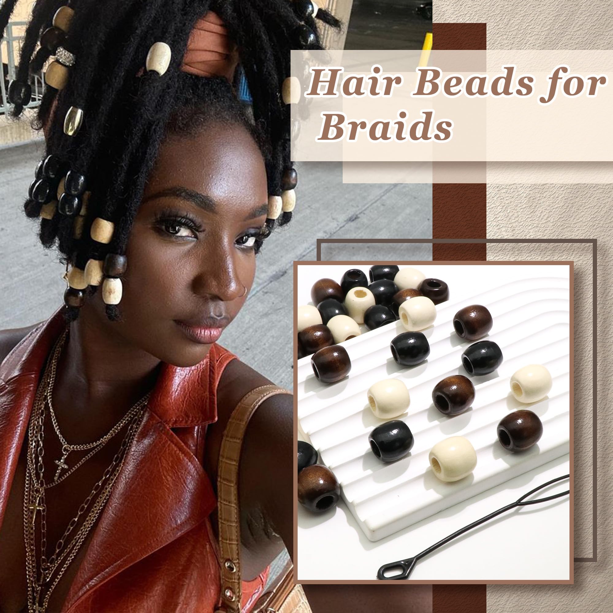 60 cuentas de madera para trenzas, cuentas de tubo largo para cabello, cuentas de madera, accesorios de rastas, cuentas multiforma, decoración del cabello para mujeres y hombres