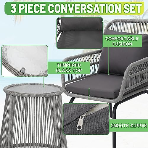 Miniatura 3 de wildformers Juego de 3 piezas de mimbre de mimbre, juego de conversación al aire libre, juego de muebles de mimbre con mesa superior de cristal,