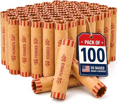 100 Pcs Preformed Pennies Coin Wrappers Rolls ABA Color-Coded | Easy to use for Coin Counters, Offices, Banks & Retail Stores - Heavy Duty