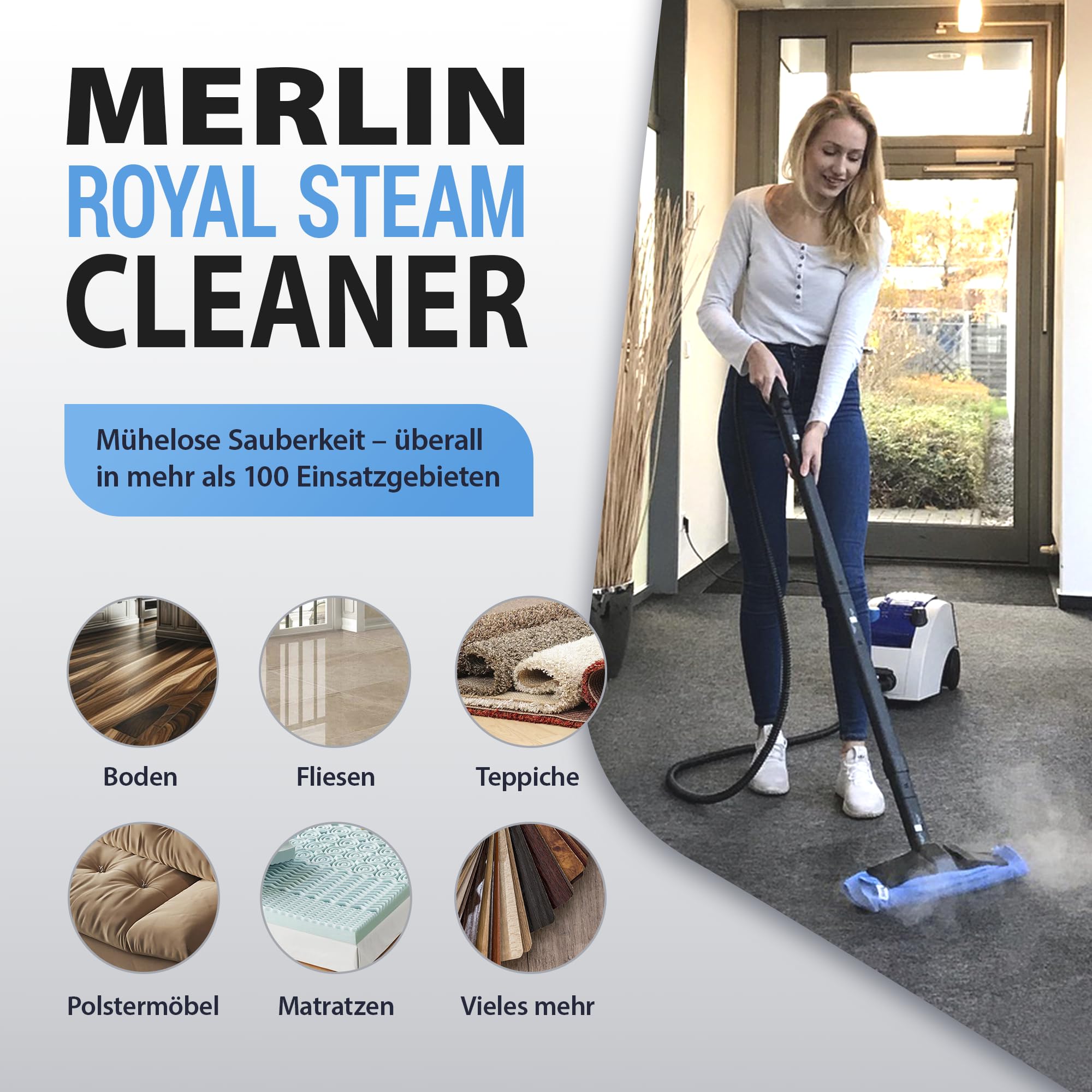 Tien® Merlin Royal Plus Dampfreiniger [Über 100 Einsatzgebiete & Chemiefrei] – Boden & Polsterreiniger mit Original Merlin-Zubehör – Dampfdruckreiniger Handgerät, Auto & Haushalt (4 bar Druck)