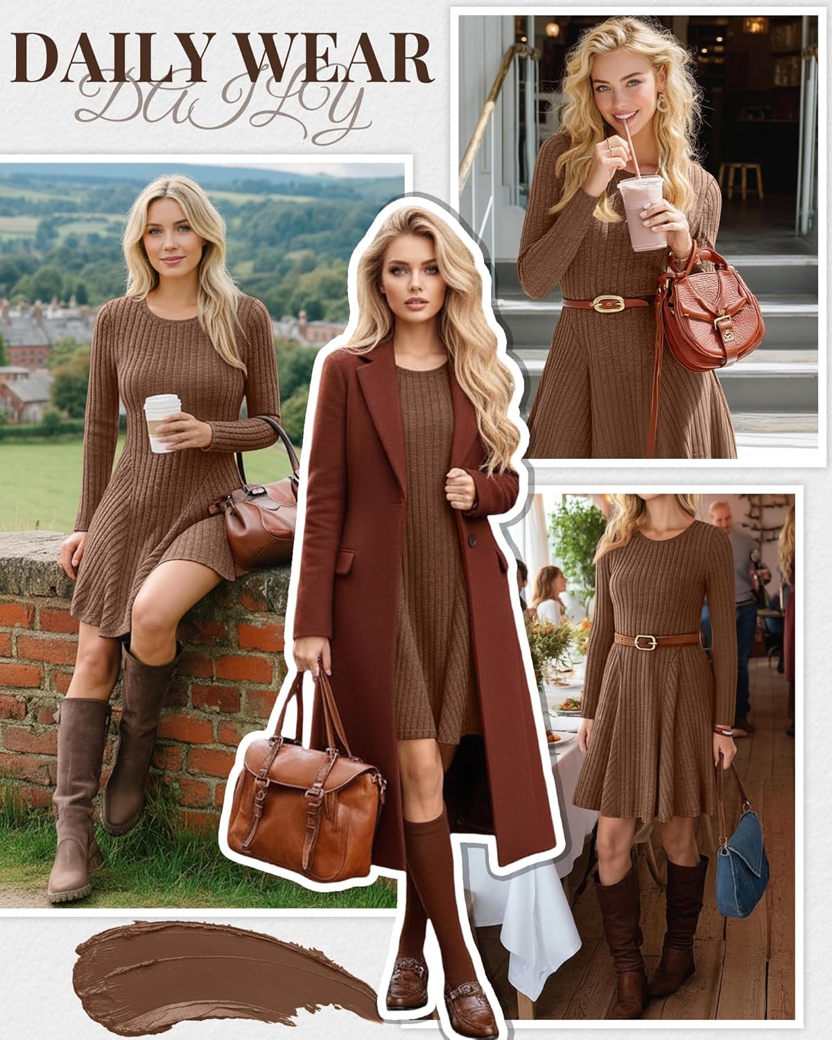 Women's Long Sleeve Sweater Short Dress Ribbed Crew Neck A Line Swing Dress Lightweight Fall Winter Casual Dresses - Image 2