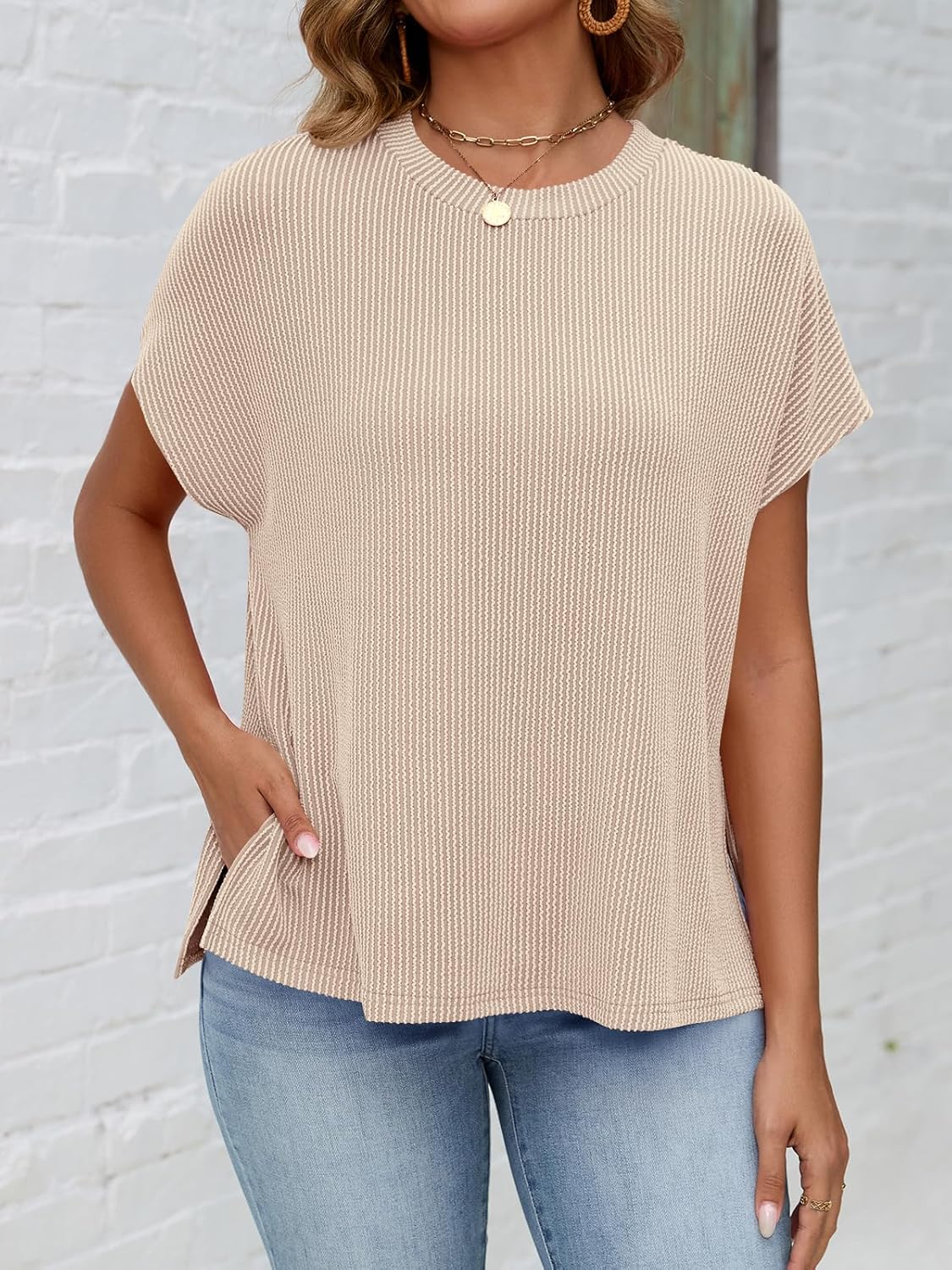 Womens Oversized Tshirts Summer Casual Cap Sleeve Ribbed Tops Loose Fit Flowy Dolman T Shirt Plus Size Teacher Outfits Tees - Image 2