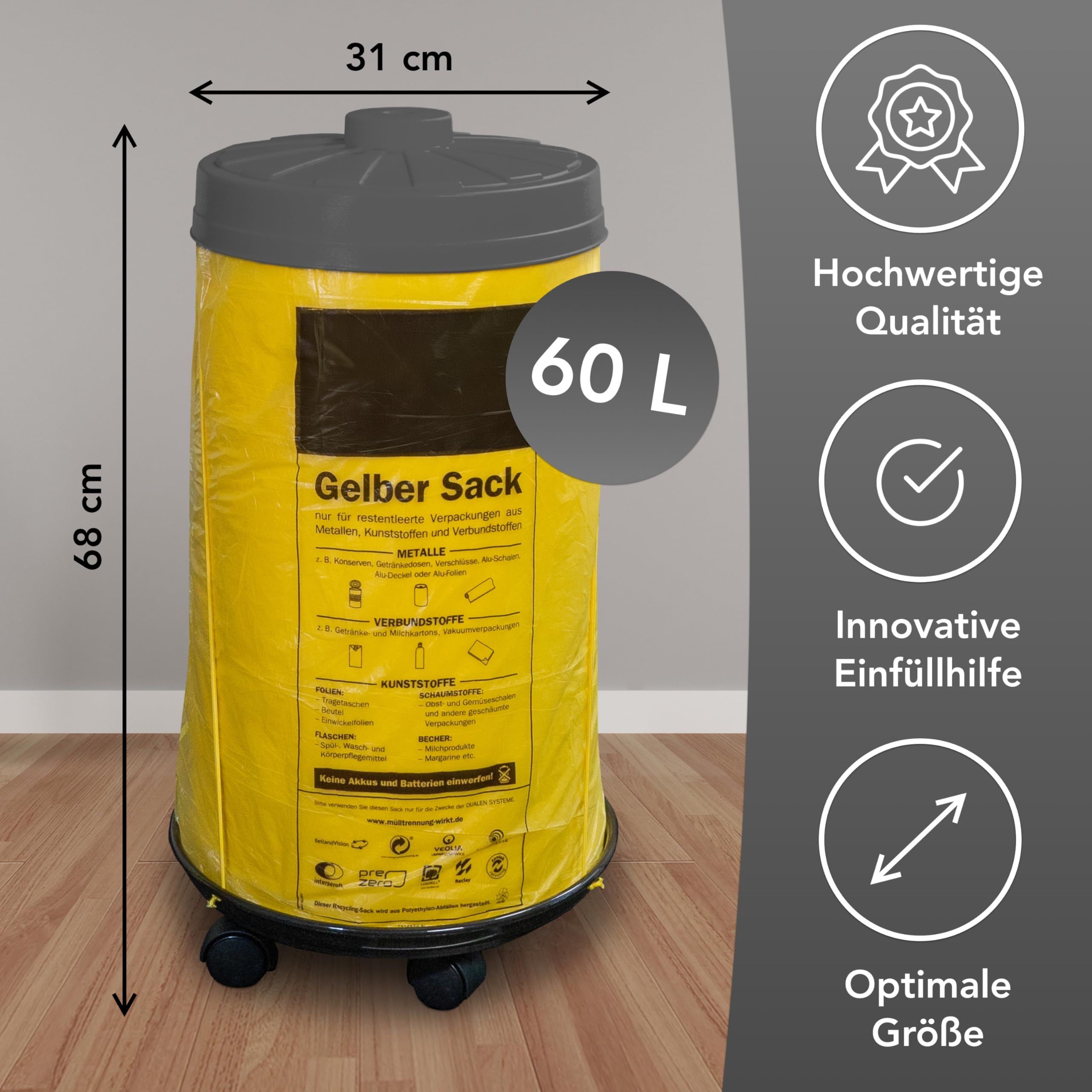 Sacktonne gelb mit Rollwagen und Deckel, Müllsackständer, Gelber Sack, Mülltonne, Wertstoffbehälter