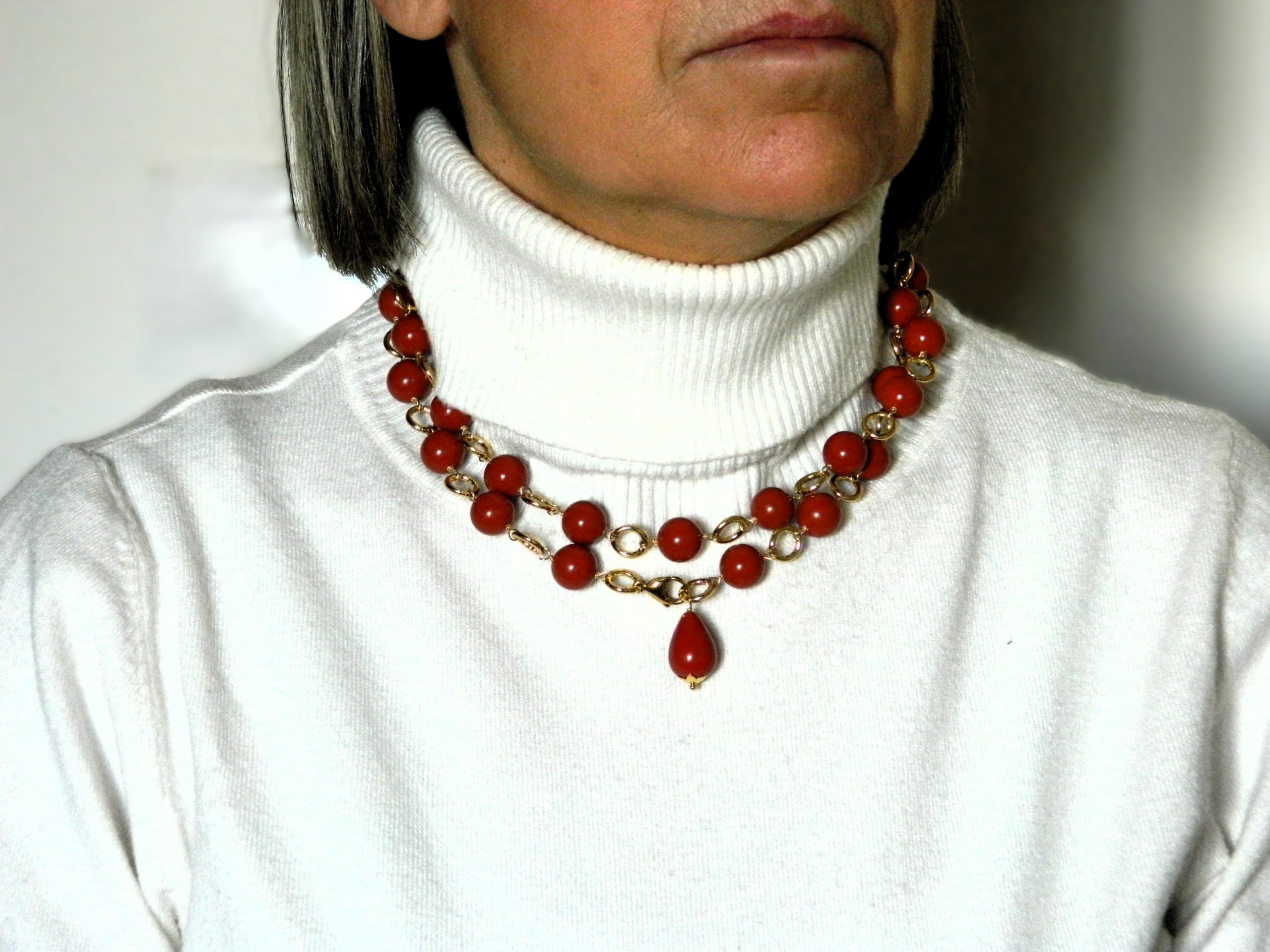 DodiGioielli Collana Lunga Donna con Pasta di Corallo Rosso Sardegna e Anellini Dorati, Goccia Pendente, 92 cm, Made in Italy
