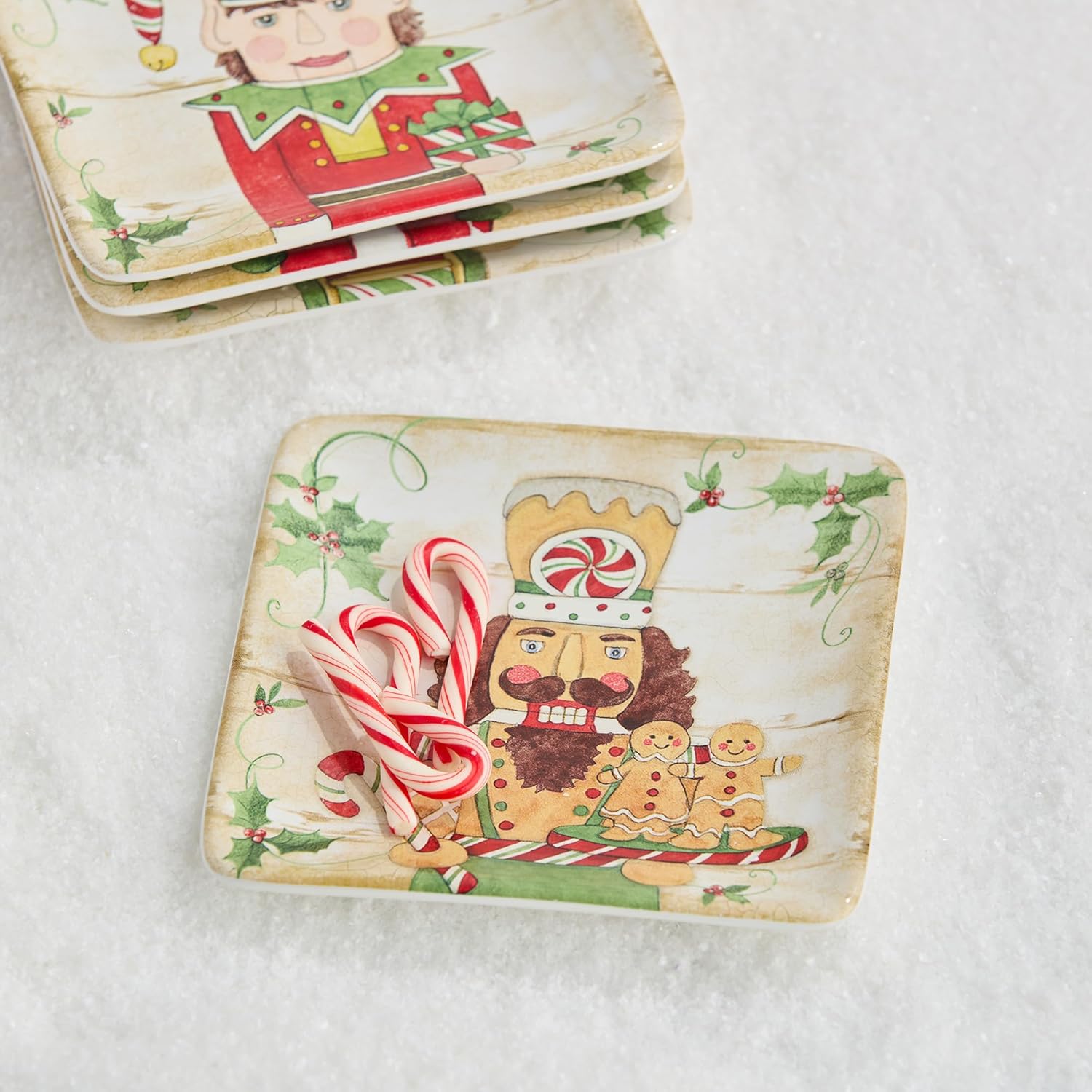 Nutcracker Parade Ceramic Holiday Dessert Plates Set – Santa, Elf, Toy Soldier, Snowman Art for Christmas Entertaining & Festive Tabletop Décor