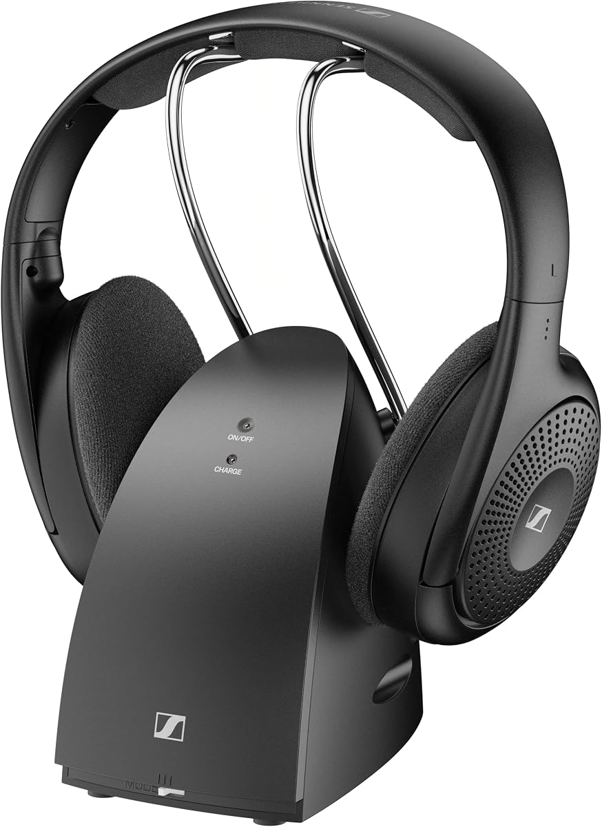 RS 120-W On-Ear Wireless Headphones for Crystal-clear TV Listening with 3 Sound Modes, Lightweight Design, Easy Volume Control, 60 m Range and Convenient Transmitter/Charger Combo - Black