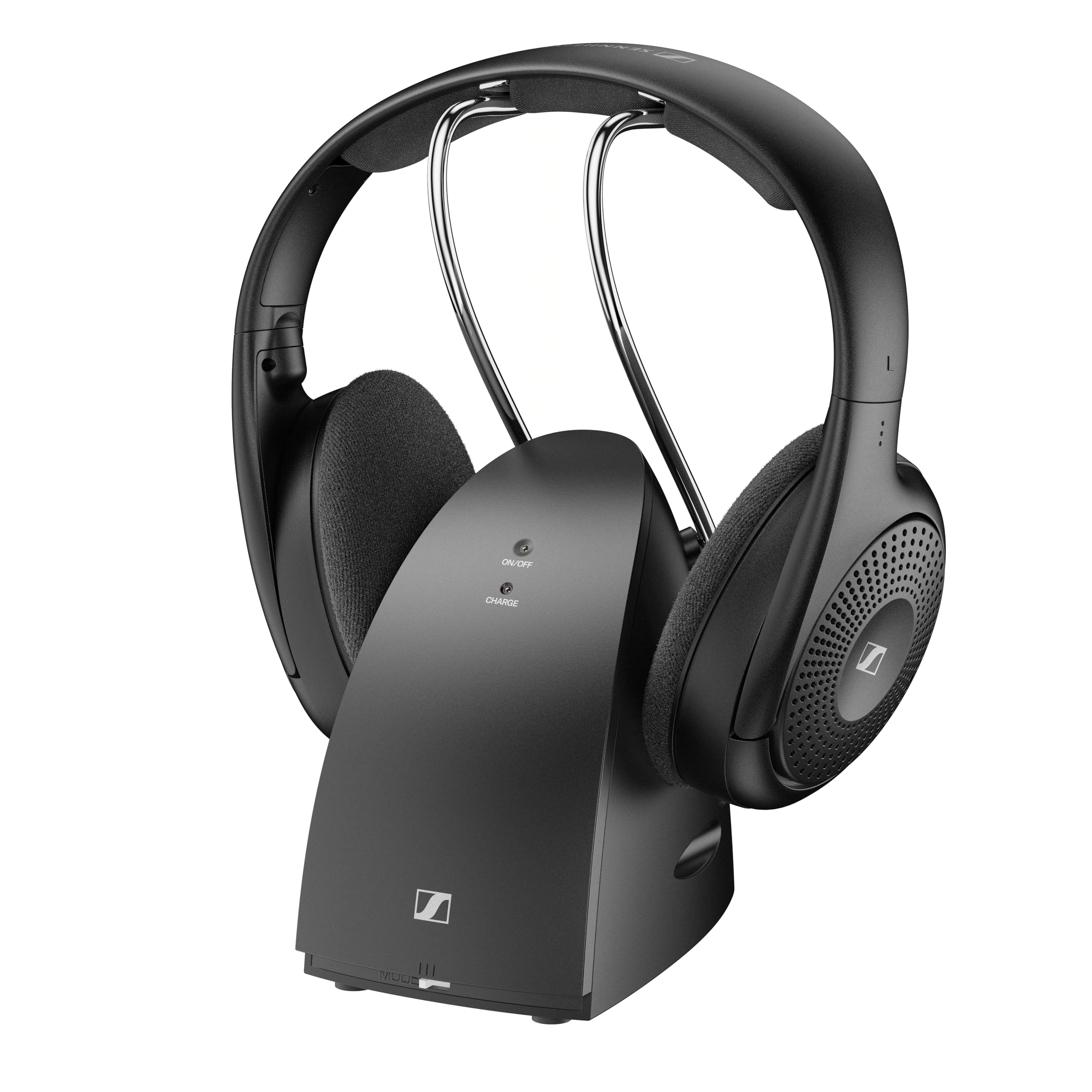 SennheiserRS 120-W On-Ear Wireless Headphones for Crystal-clear TV Listening with 3 Sound Modes, Lightweight Design, Easy Volume Control, 60 m Range and Convenient Transmitter/Charger Combo - Black