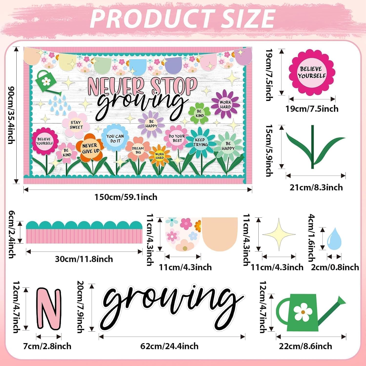 Spring Never Stop Growing Bulletin Board Classroom Decoration Grow Flower Cutouts Positive Paper Cutouts for Teacher Back to School Office Home Chalkboard Spring Inspirational Door Wall Decor Supplies